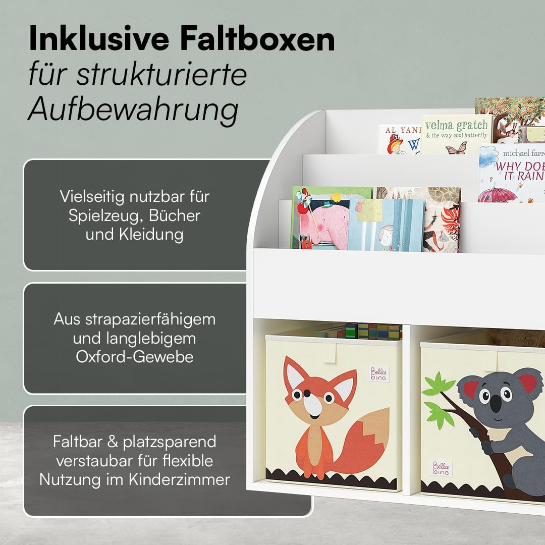 Koro Bücherregal Kinderzimmer mit 3 Fächern, 2 Faltboxen Koala/Fuchs Weiss, 2 Fächer