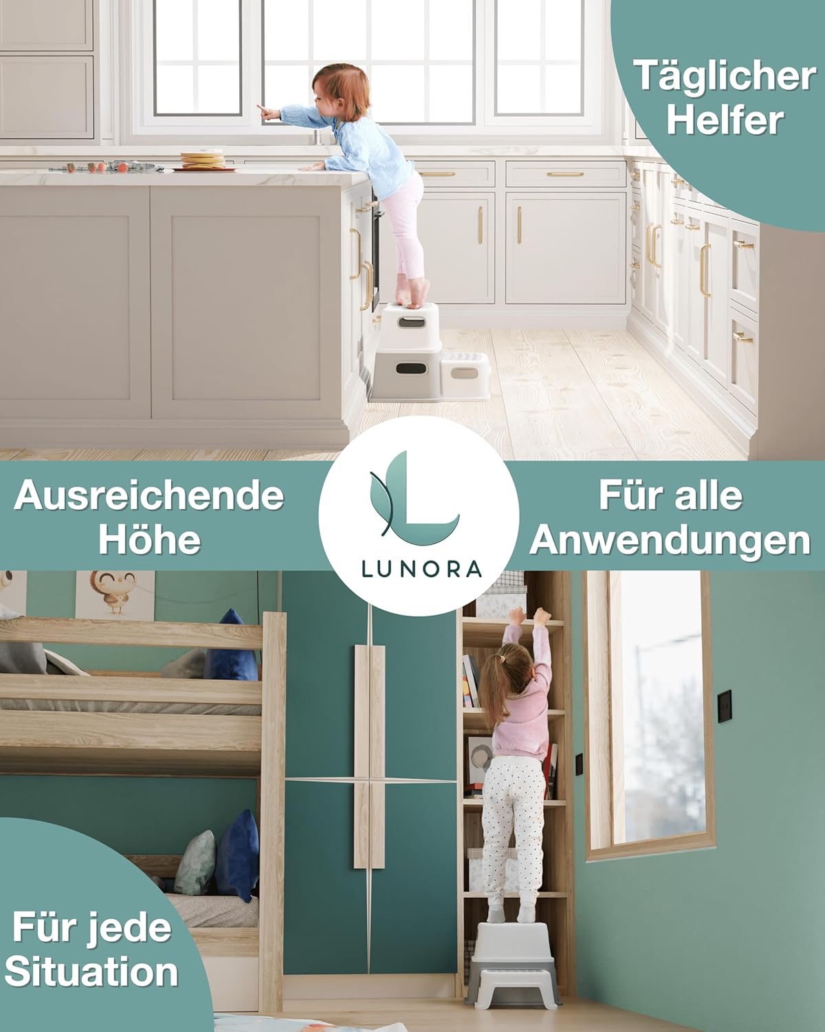 Sicherer Kinder Tritthocker mit Anti-Rutsch-Stufen, 2 Stufen Grau/Weiß