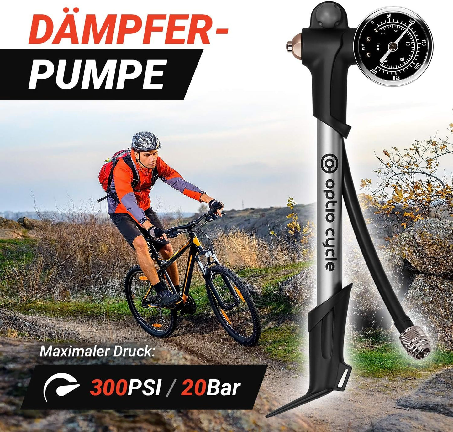 Hochdruck-Dämpferpumpe mit Manometer für Mountainbikes, 300 PSI / 20 Bar