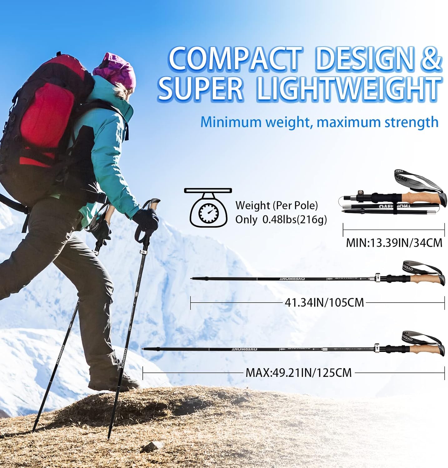 Faltbare Trekkingstöcke, 7075 Aluminium Aluminium Schwarz