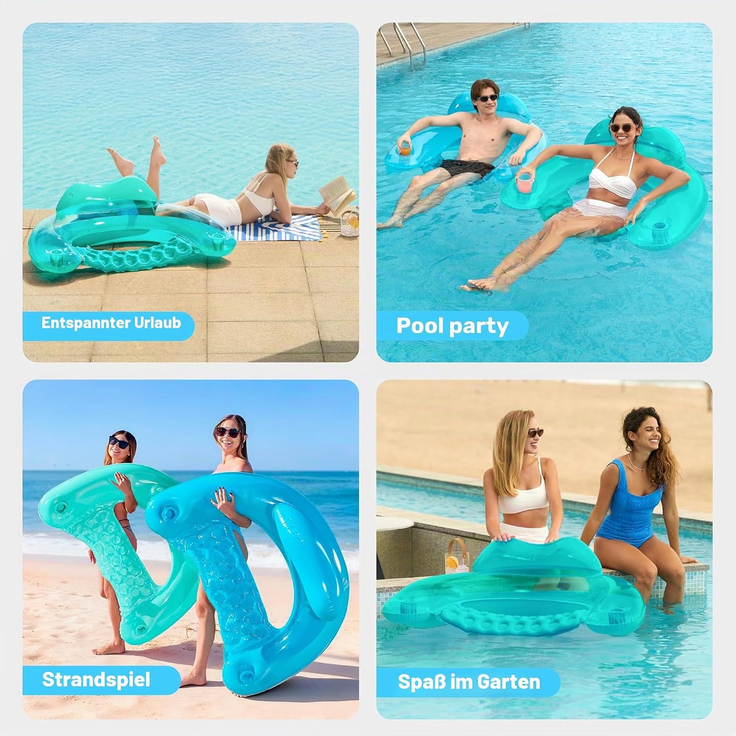 Aufblasbare Pool-Flösse mit Getränkehaltern, 2er-Set, Reine Farbe, Blau, Grün