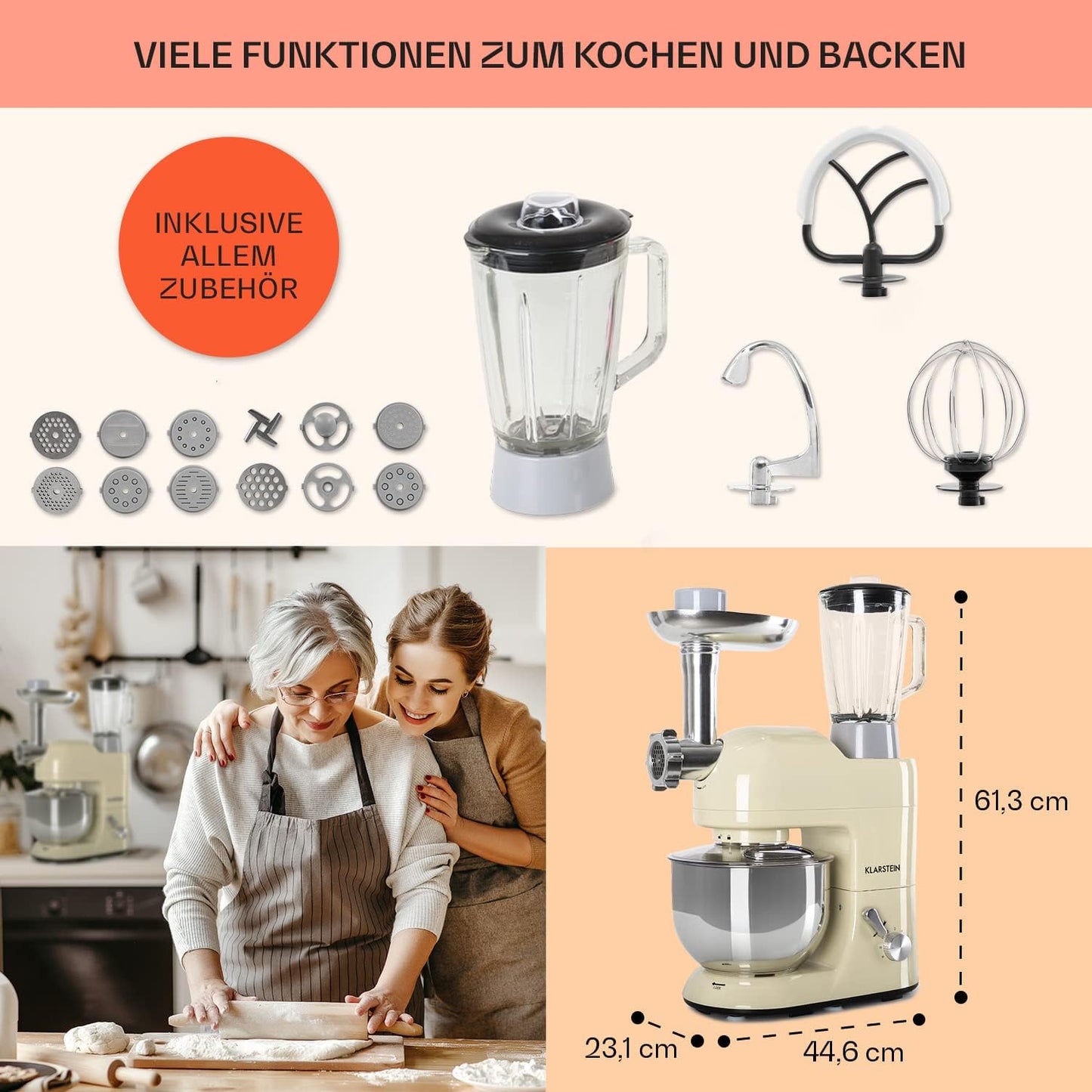 Universalküchenmaschine mit Knetmaschine, Fleischwolf & Mixer, Classic Creme