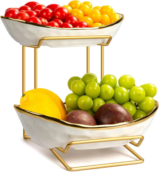 2-stöckige Keramik Obst Etagere mit Metallständer, Gold-weiss-2schale