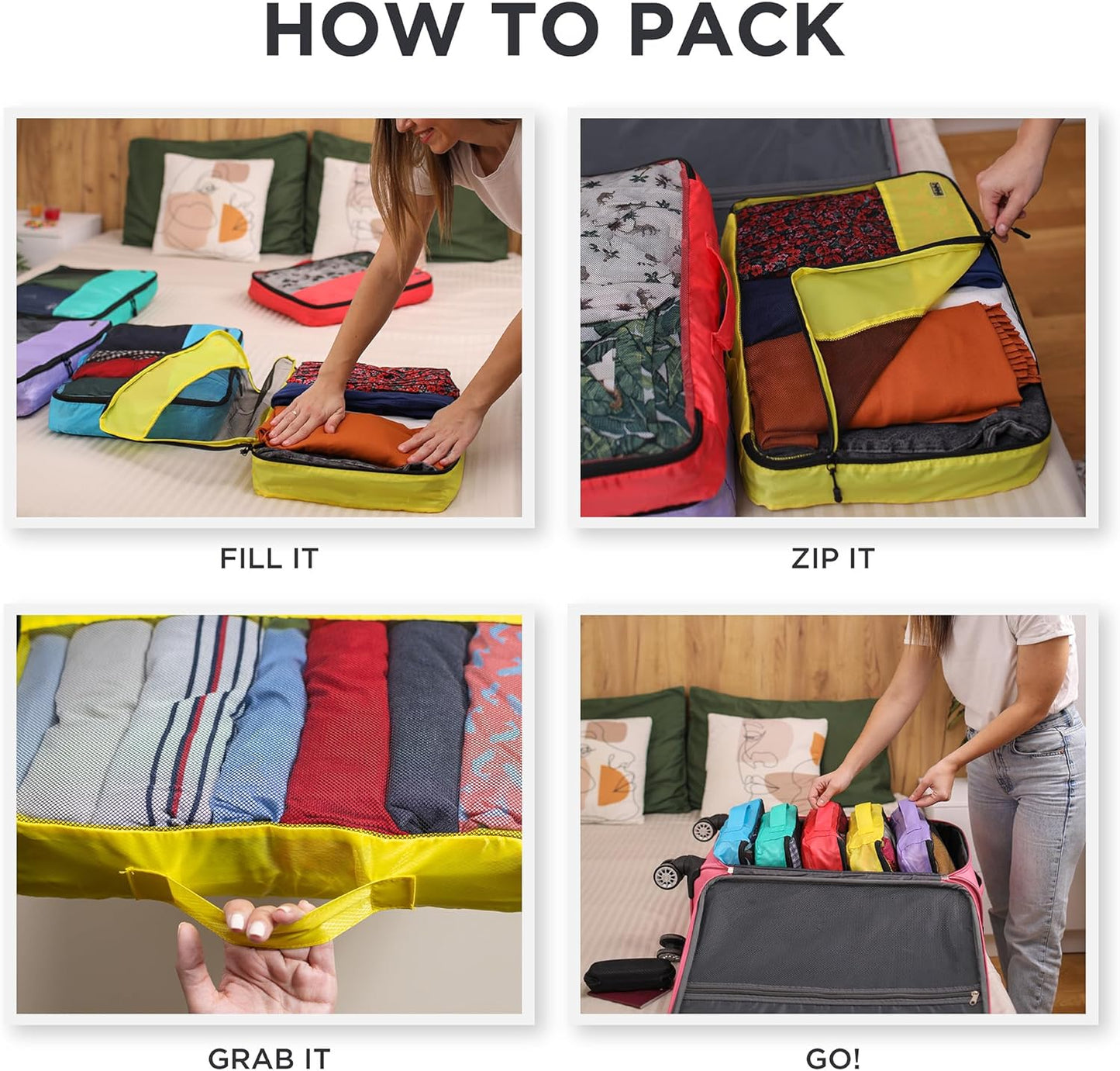 Packwürfel Gepäck-Organizer-Set, Rot, Gelb, Grün, Blau, Violett