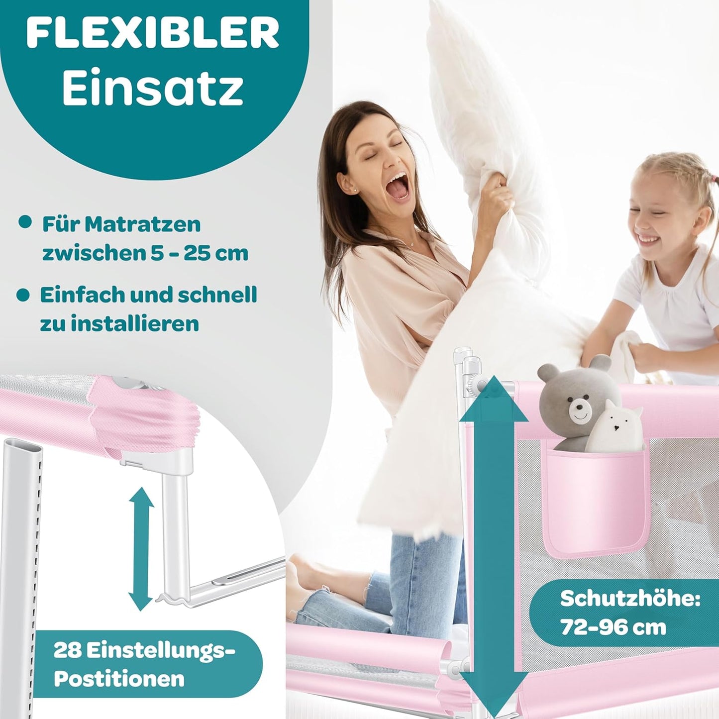 Höhenverstellbares Bettschutzgitter, Rosa 150cm