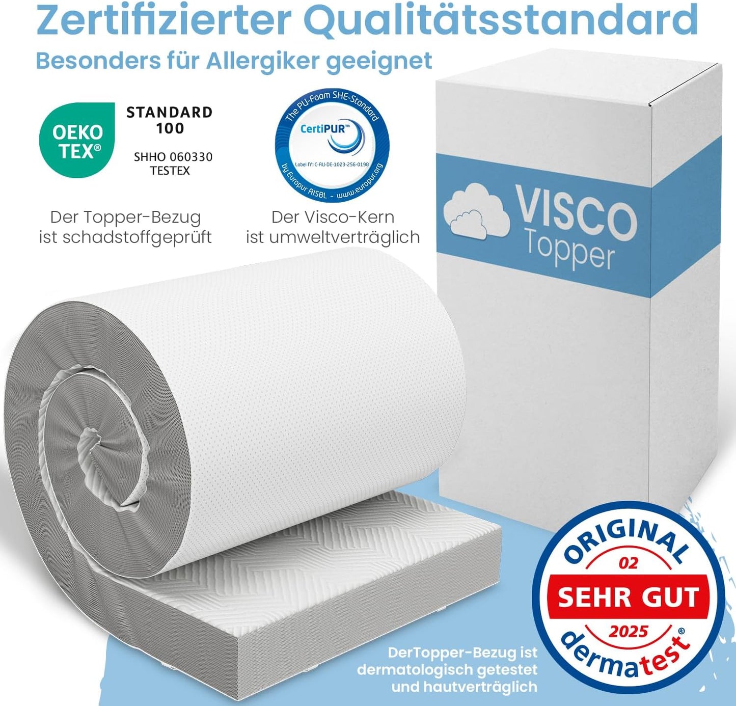 Viscoelastischer Matratzen-Topper, 80 x 190 cm Premiumhöhe - 8 cm