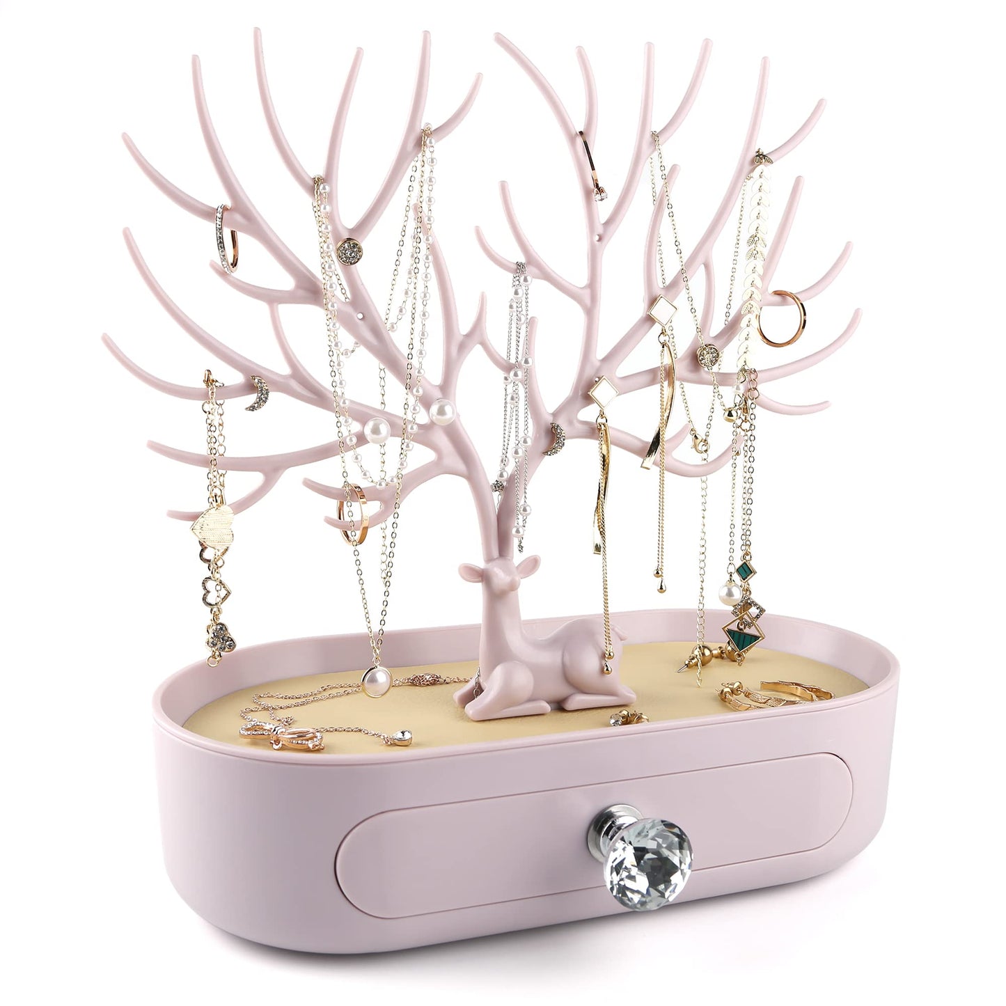 Geweih-Schmuckhalter mit Schublade und Kristallgriff, C Pink-crystal Handle