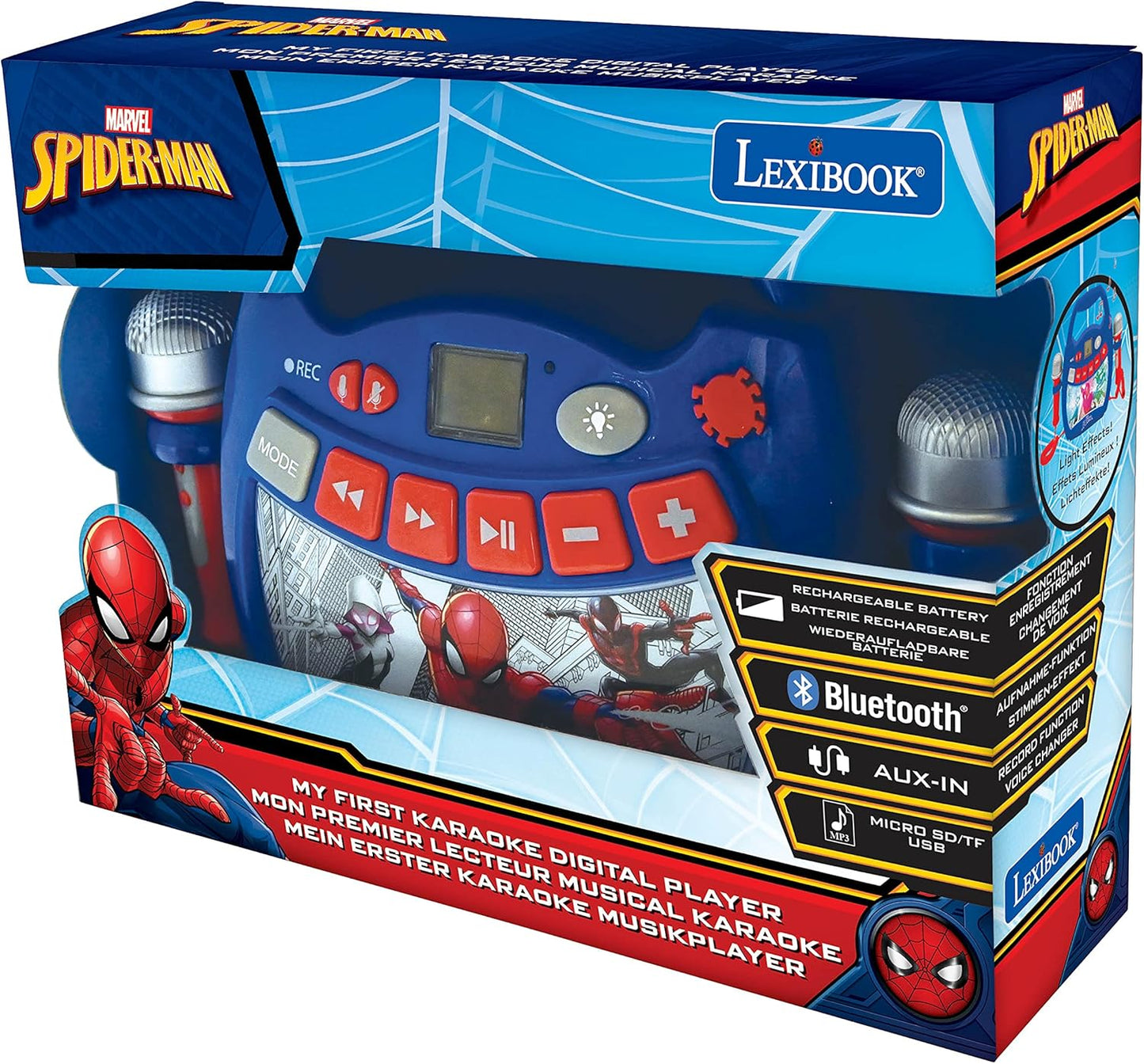 MP320SPZ Spider-Man-Tragbarer digitaler Karaoke-Player für Kinder-Mikrofone, Lichteffekte, Spider-Man