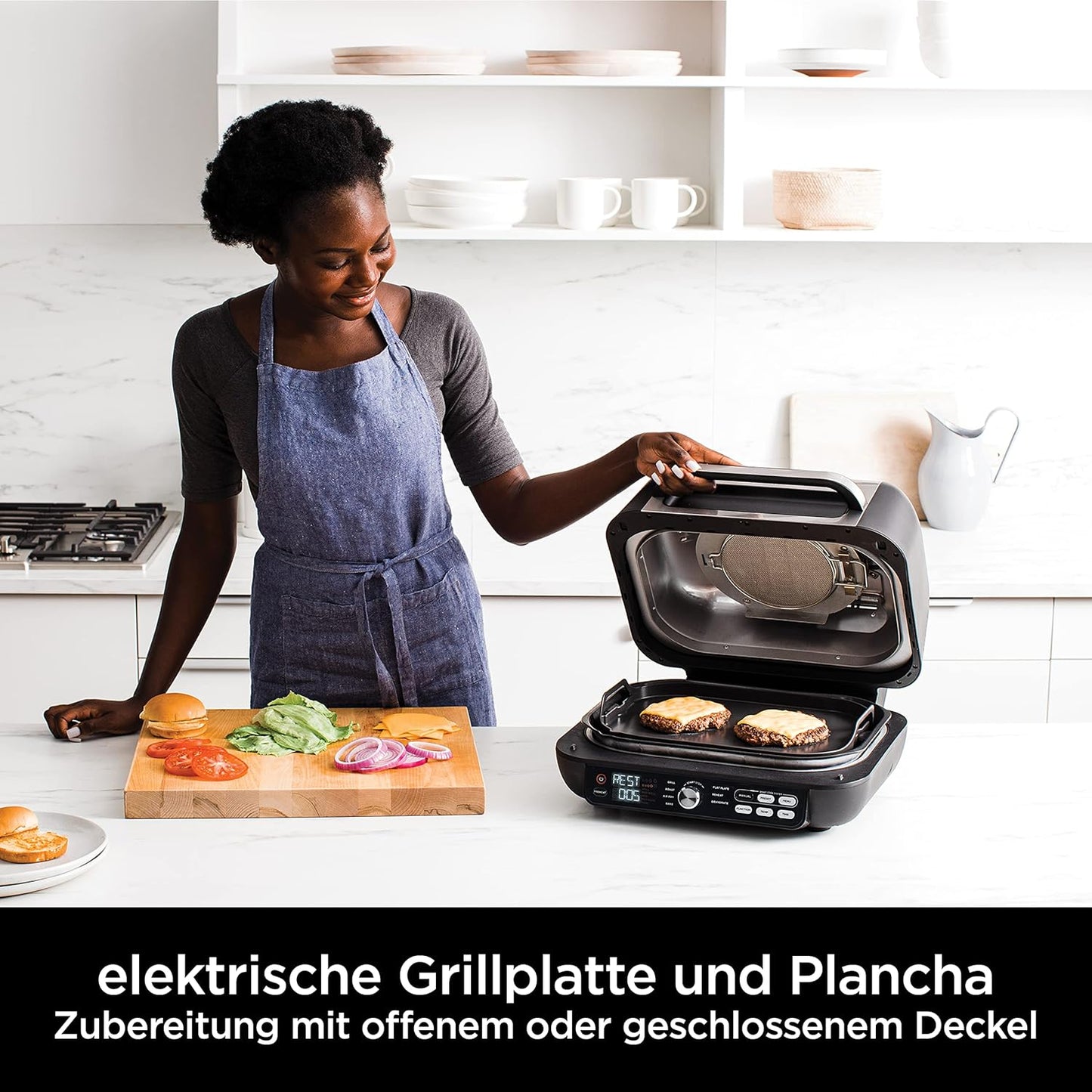 Foodi MAX PRO Grill mit Plancha Flat Grill Plate & Airfryer, MAX PRO Grill & Heissluftfritteuse, 3,8L, Schwarz/Silber