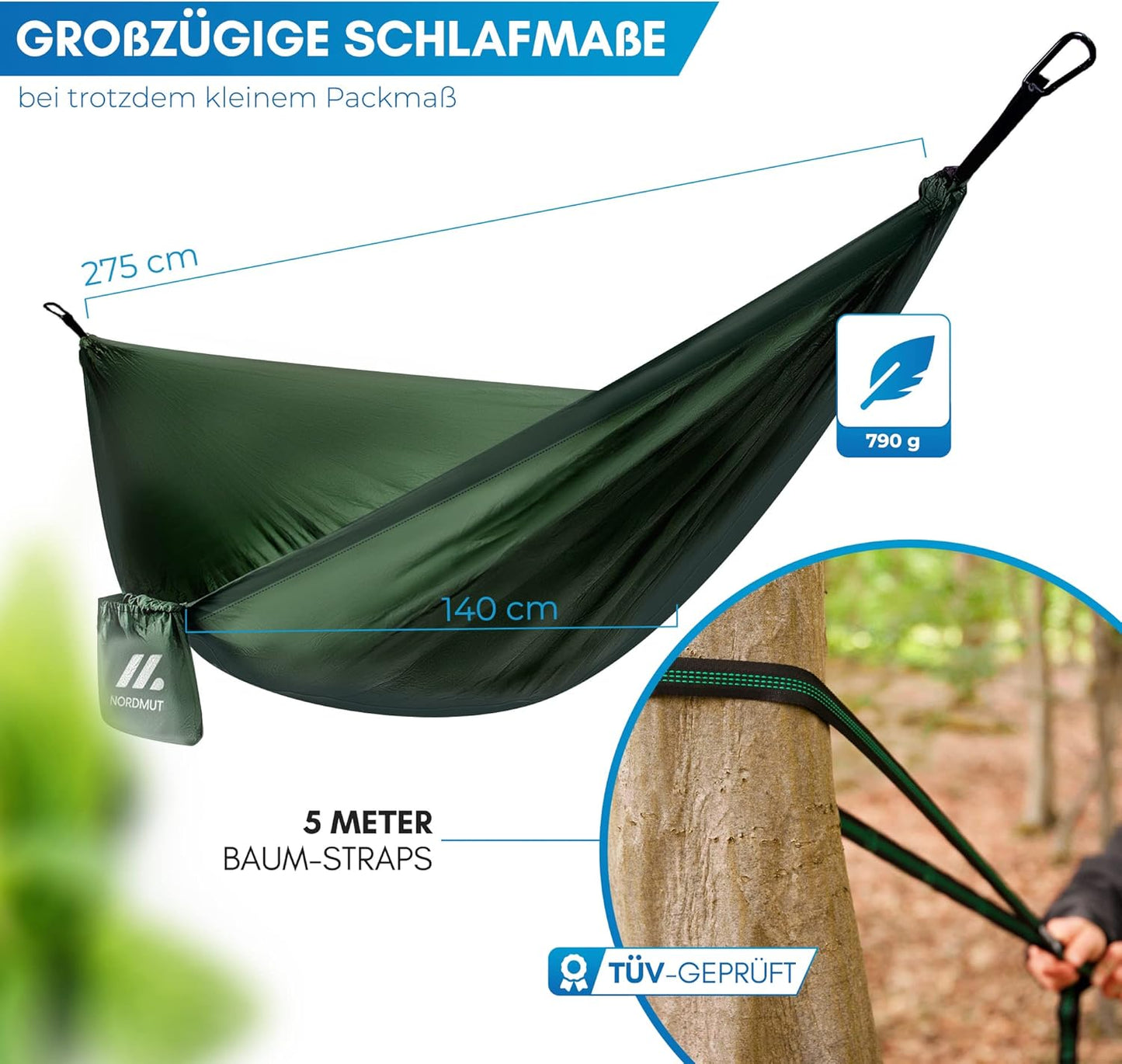 Hängematte mit Befestigungs-Set, 140x275cm Grün