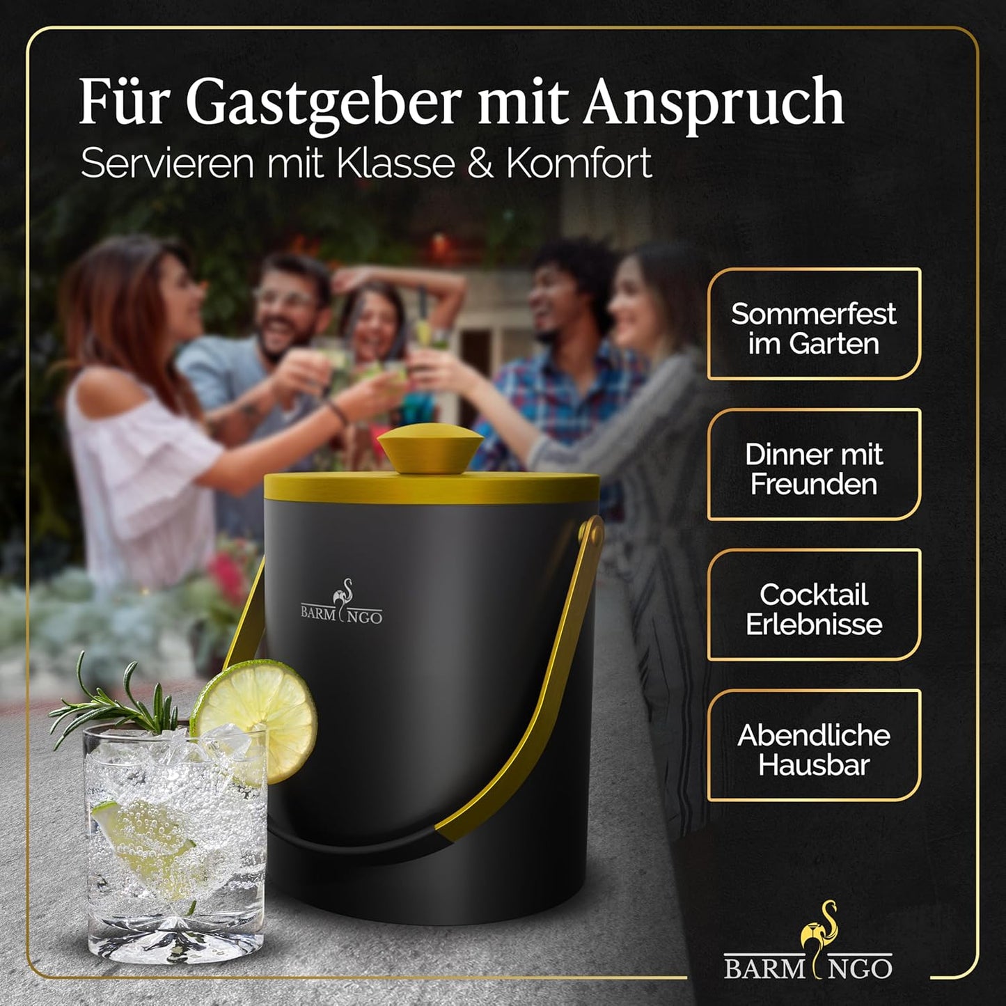 Eiswürfelbehälter mit Deckel und Zange, Schwarz-Gold