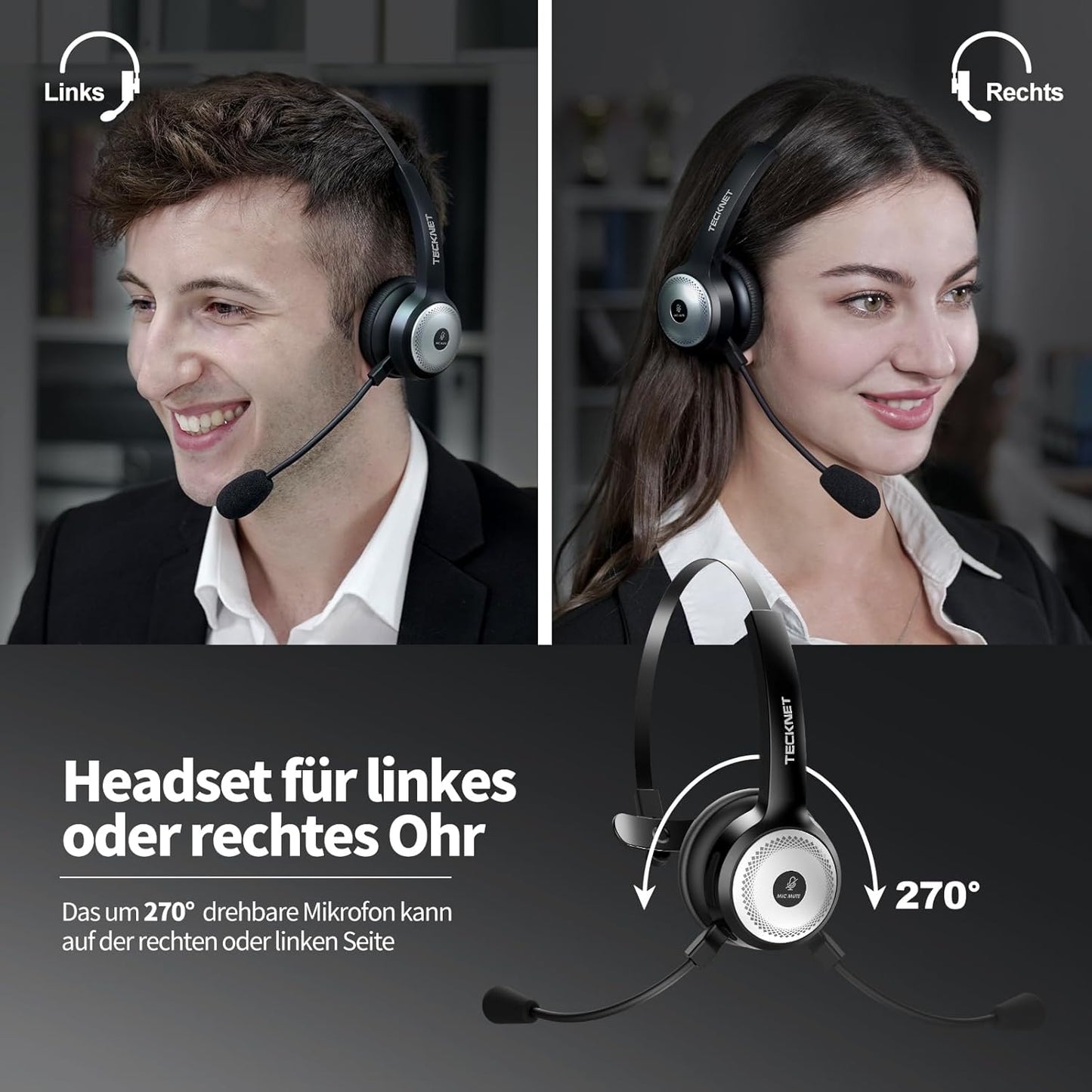 Bluetooth-Headset mit Mikrofon & USB Dongle, Bluetooth + USB Dongle + Ladestation schwarz