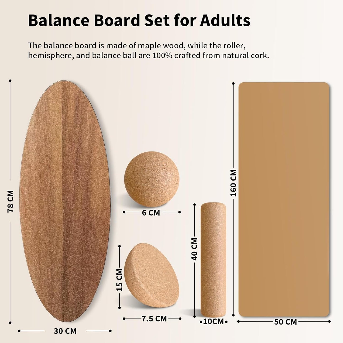 Balance Board Set mit Korkrolle und Halbkugel, Eichenfarbe