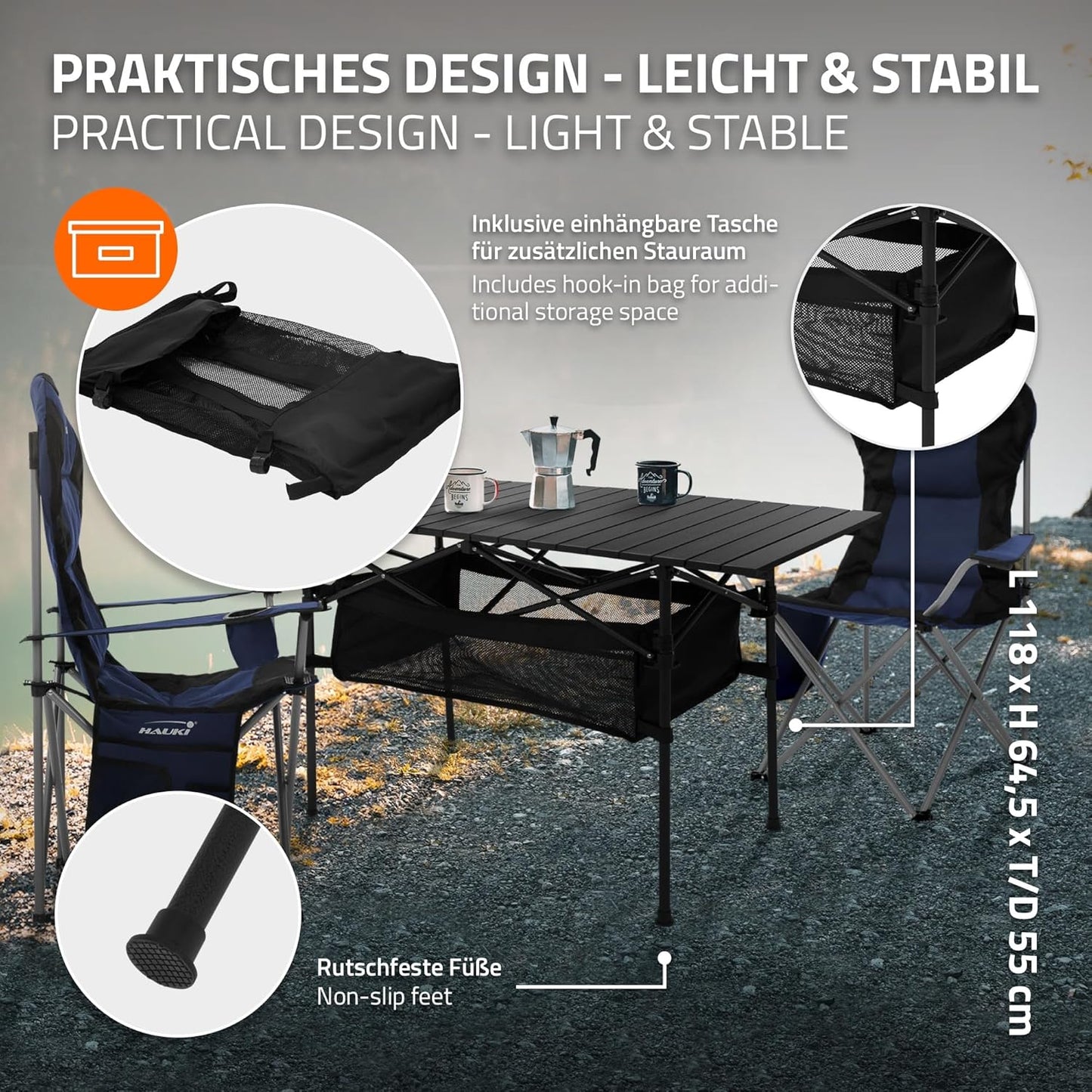 3-teiliges Campingmöbel-Set faltbar, mit Tragetasche, Campingtisch Schwarz 2x Campingstuhl Blau