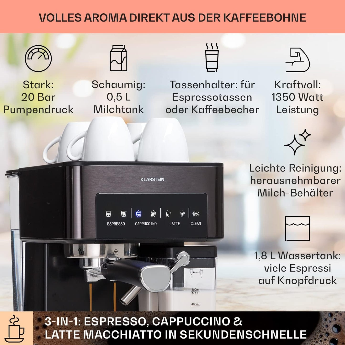 Espresso-Siebträgermaschine, 1.8L Schwarz