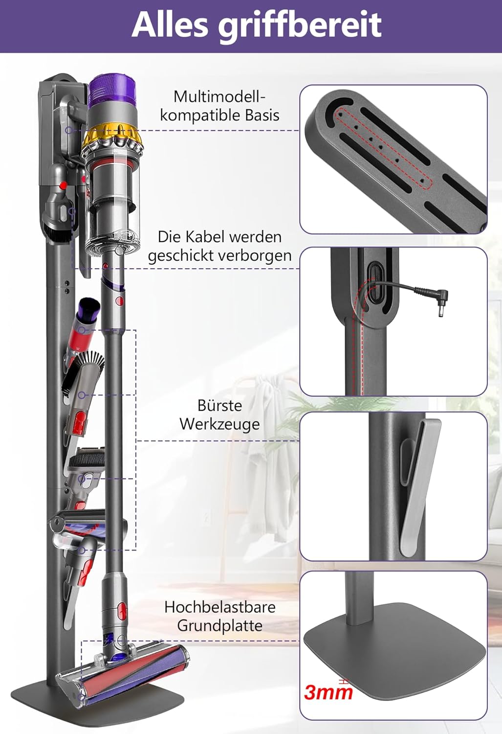 Staubsaugerhalterung für Dyson Akkustaubsauger, Dunkelgrau