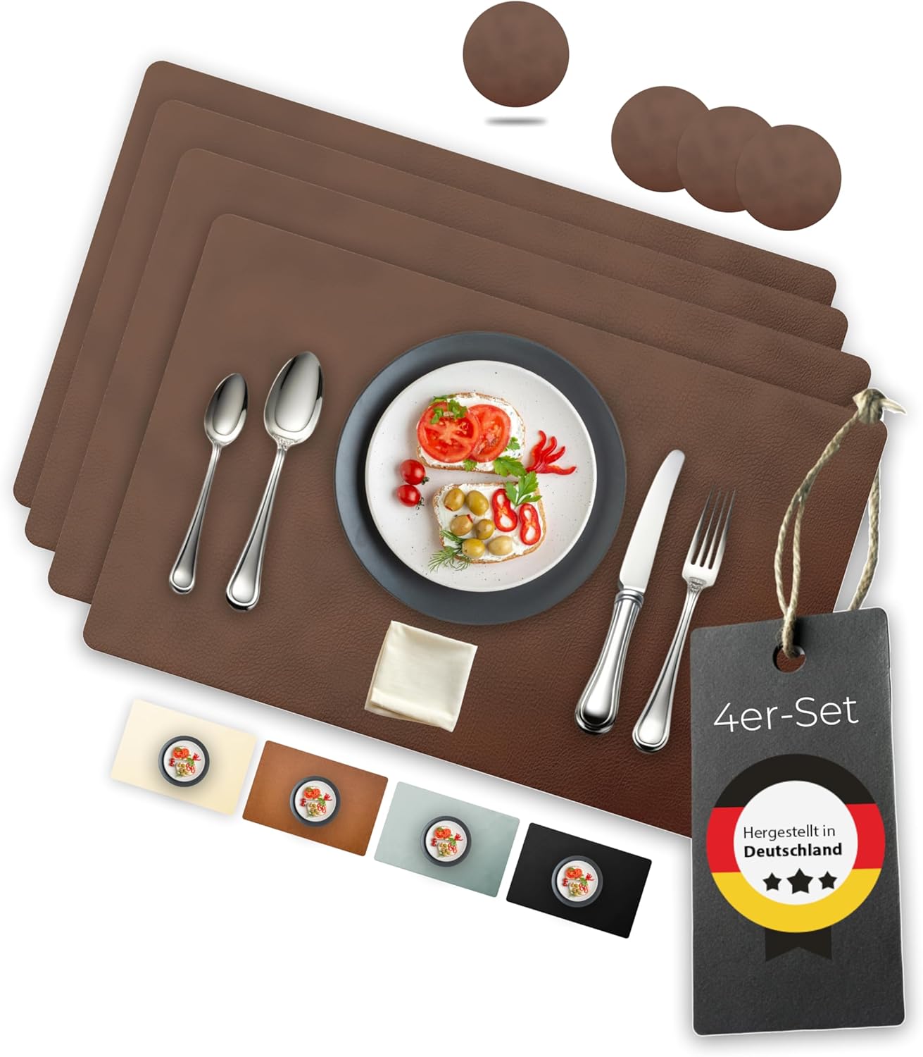 Tischsets 4er-Set aus recyceltem Leder, Dunkelbraun