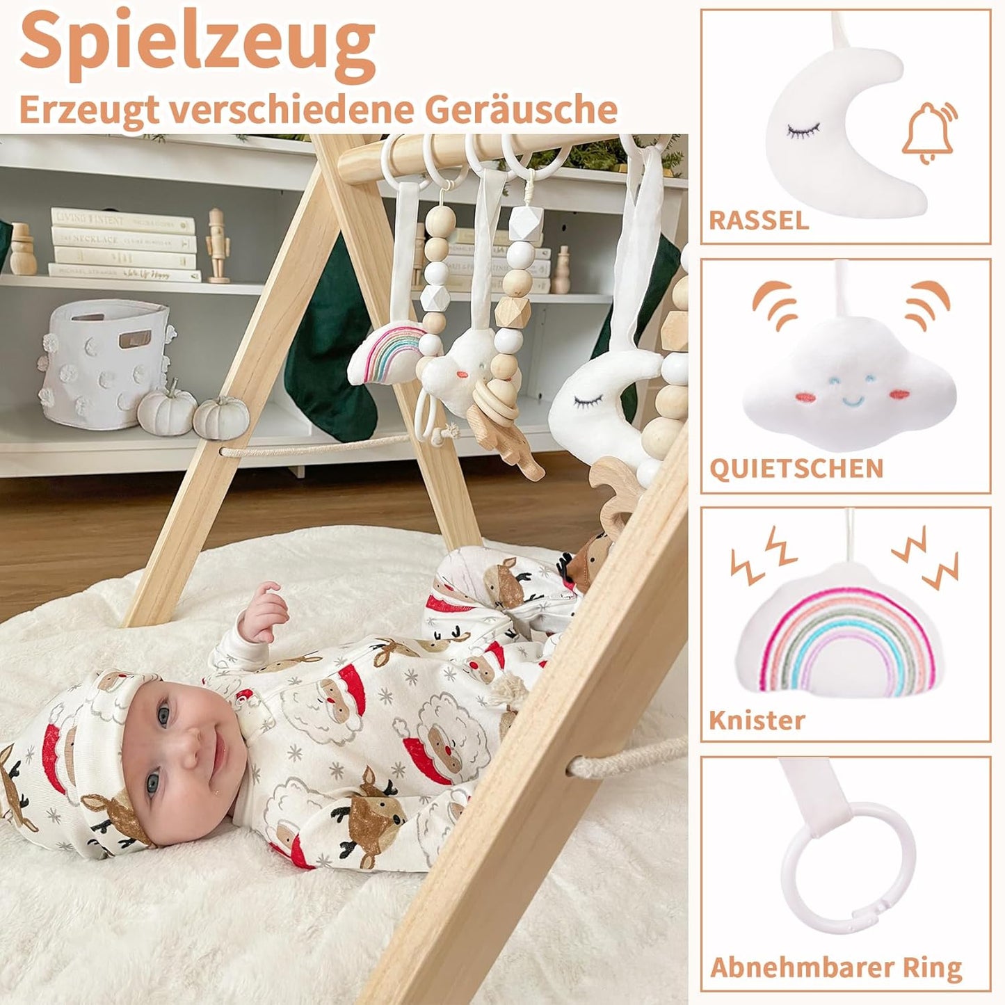Faltbarer Baby-Spielbogen mit 6-teiligem Spielzeug-Set, Baby-Spielbogen aus Holz
