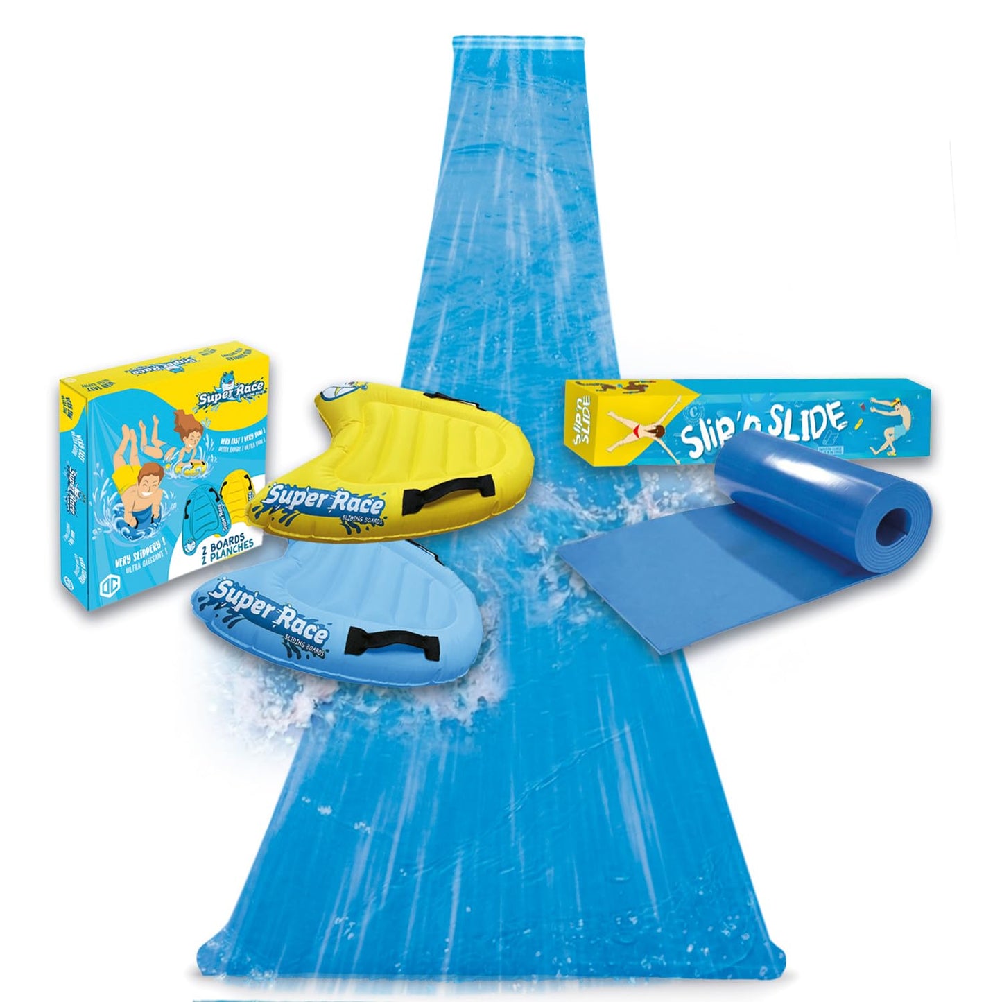 XXL-Wasserrutschmatte mit Bodyboards, 10m, 1 Slip'n Slide Blau + 2 Bodyboards
