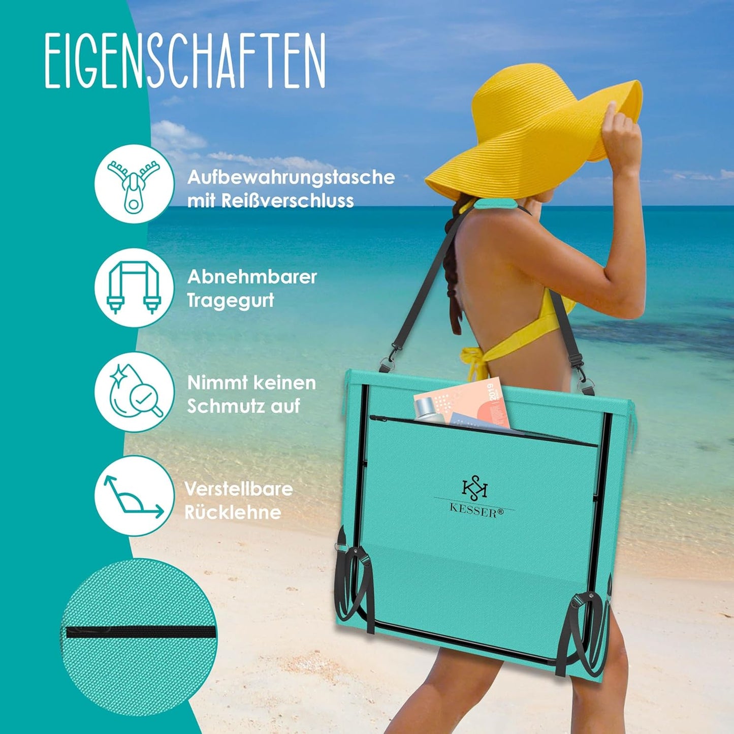 Klappbare Strandmatte mit verstellbarer Rückenlehne und Tragegurt 2er-Set, 2 Stück Aqua Blue