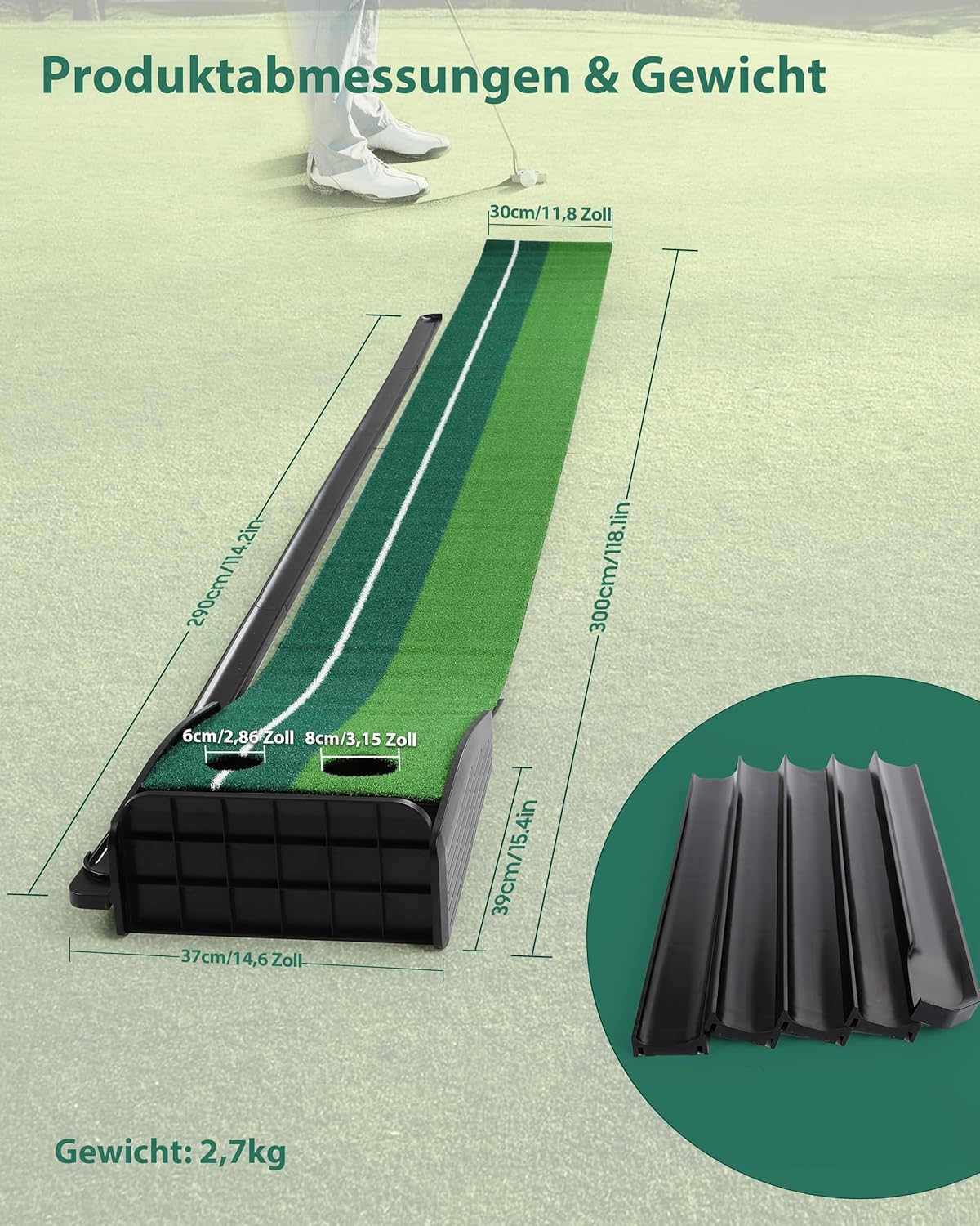 Golf Putting Matte mit Ballrückgabe, Schwarz - Ohne Bälle, Selbstmontage
