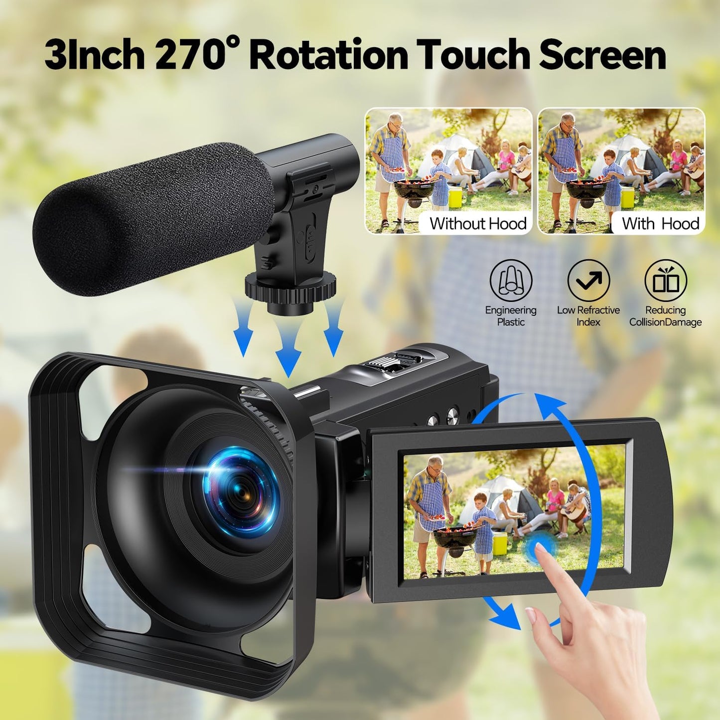 AC12C Videokamera Camcorder 5K mit Nachtsicht, Fernbedienung, Mikrofon und Stabilisator, Black