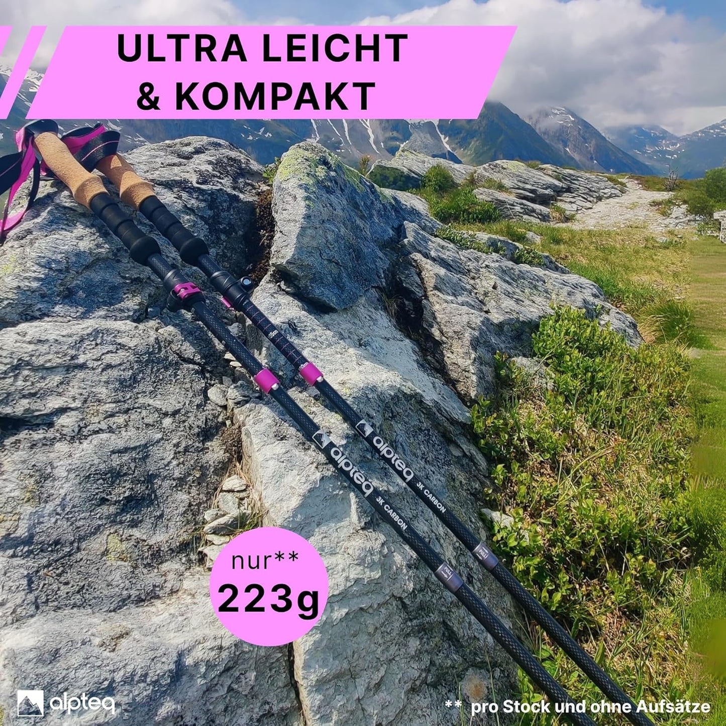 Faltbare Trekkingstöcke, Carbon 100-120 cm | Hot Pink