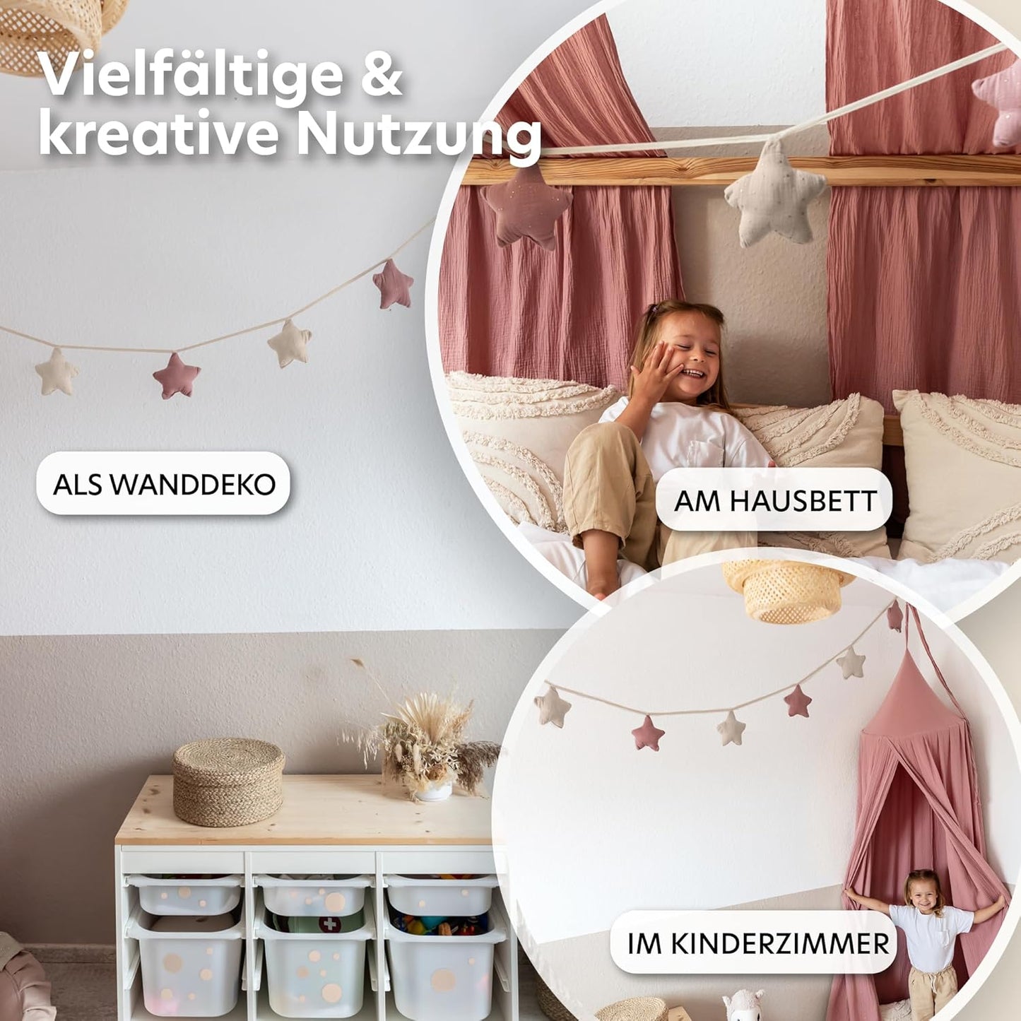 Sternen-Wimpelkette, Altrosa & Hellbeige Sterne mit Goldapplikation