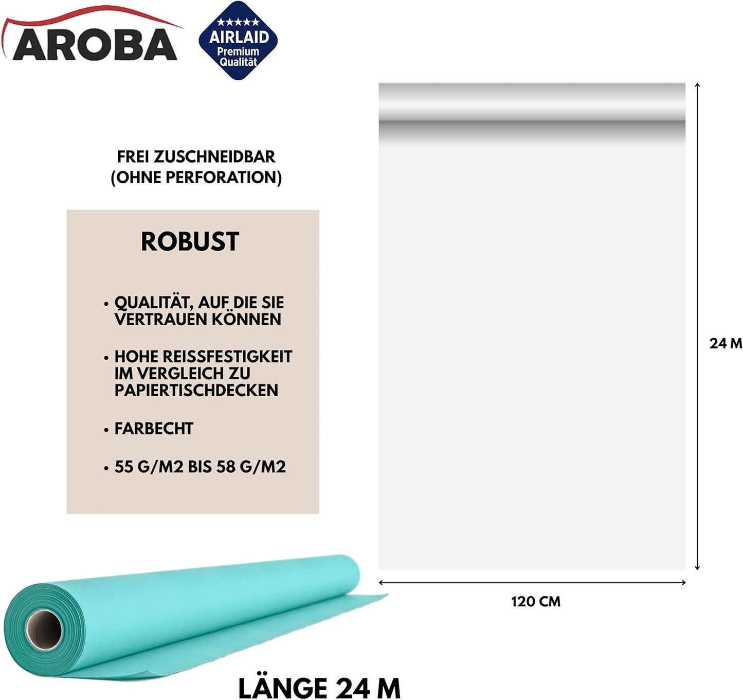 Airlaid Tischdeckenrolle 1,2 m x 24 m, 2400 cm (Rund) Hellblau