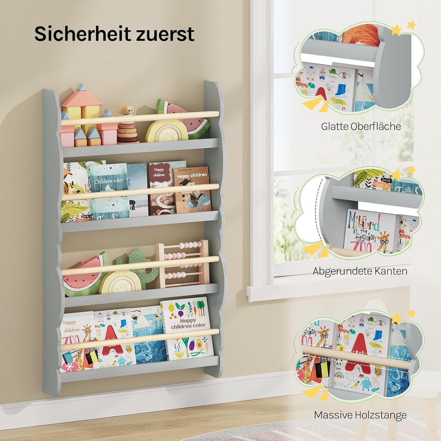 Kinderbücherregal mit 4 Ablagen, Grau 60x98cm
