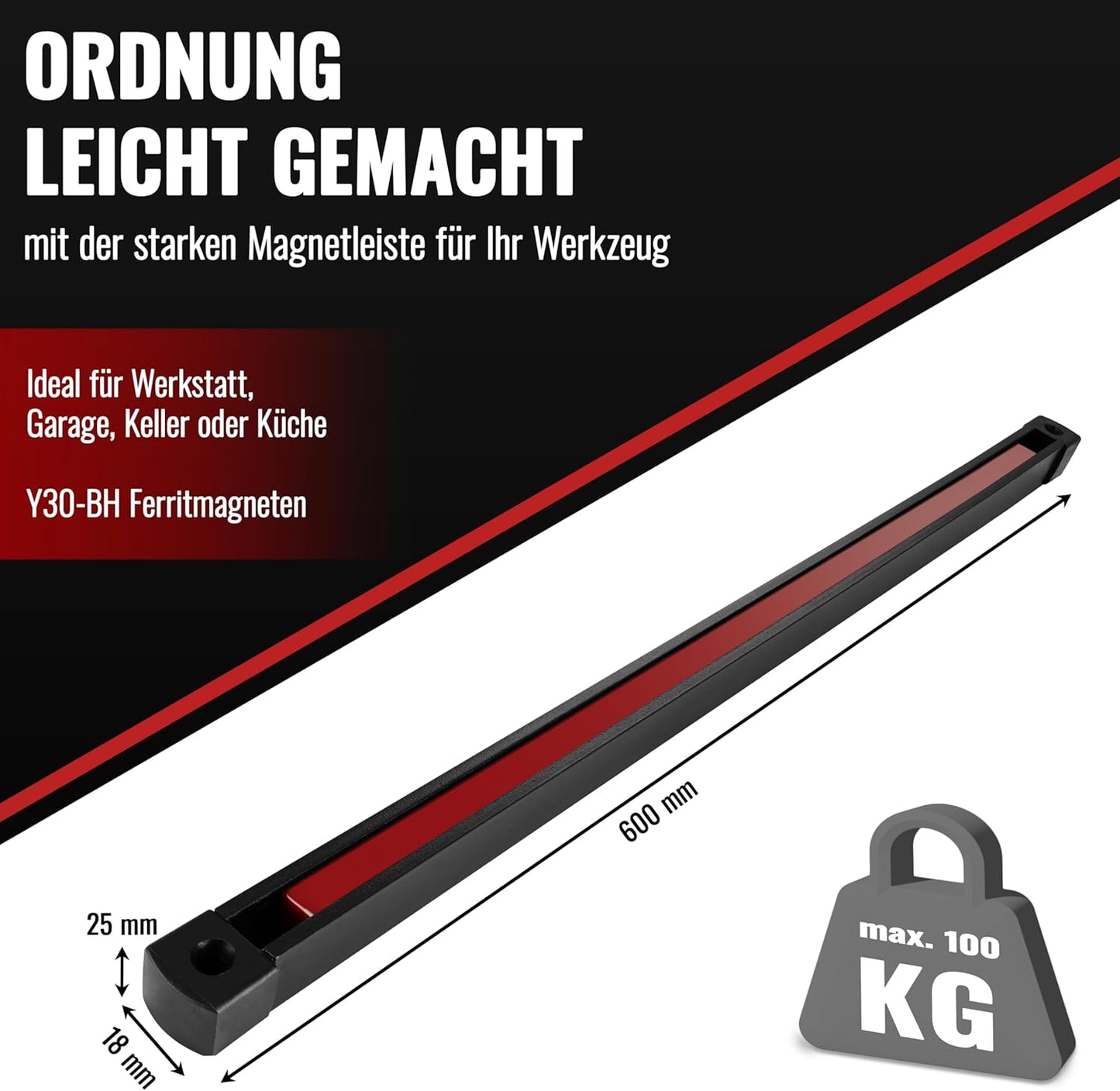 Magnet-Werkzeugleiste für Werkstatt & Garage, 60 cm (L) x 2.5 cm (H) x 1.8 cm (P)