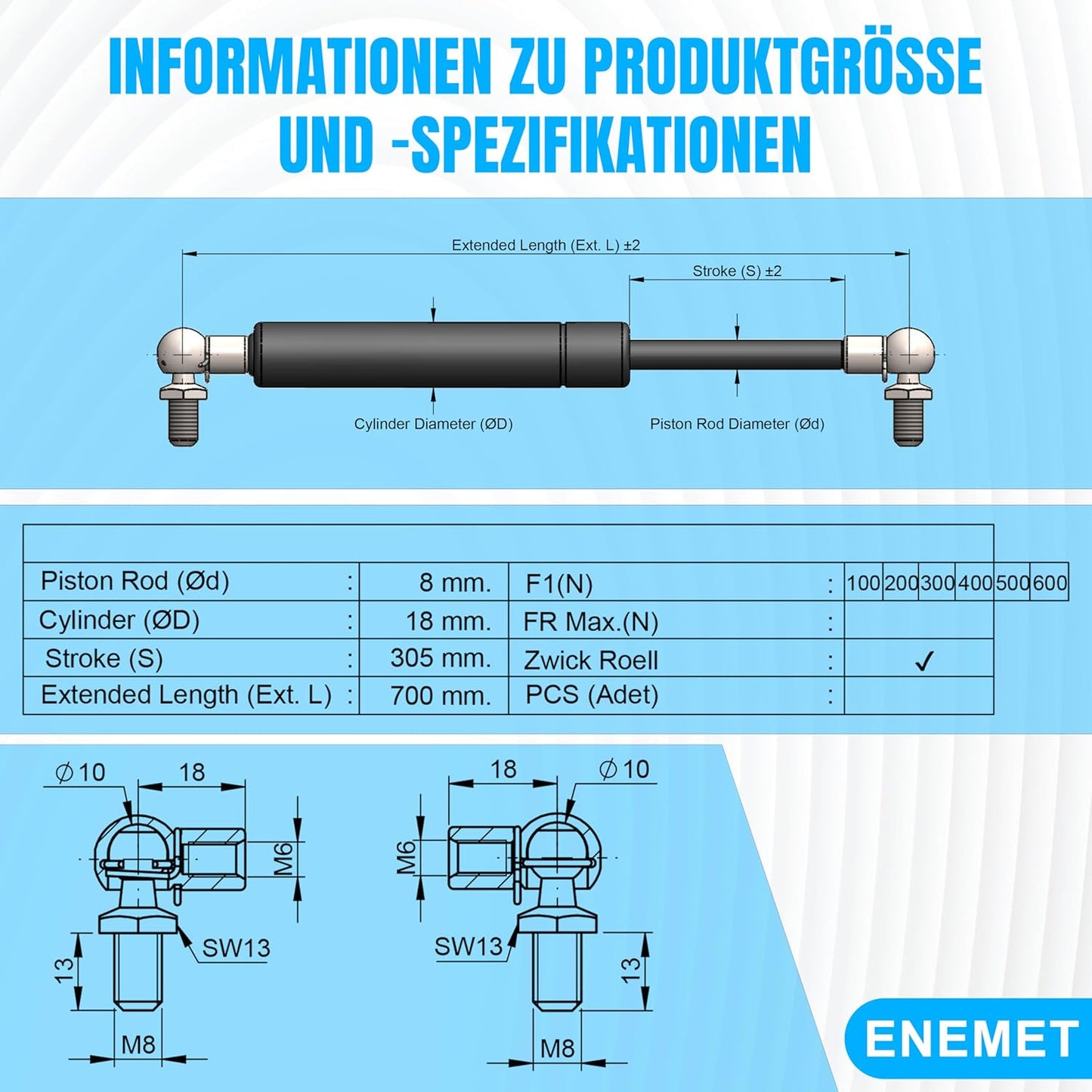 Gasdruckfeder für Türen & Autos, 700 MM 300N