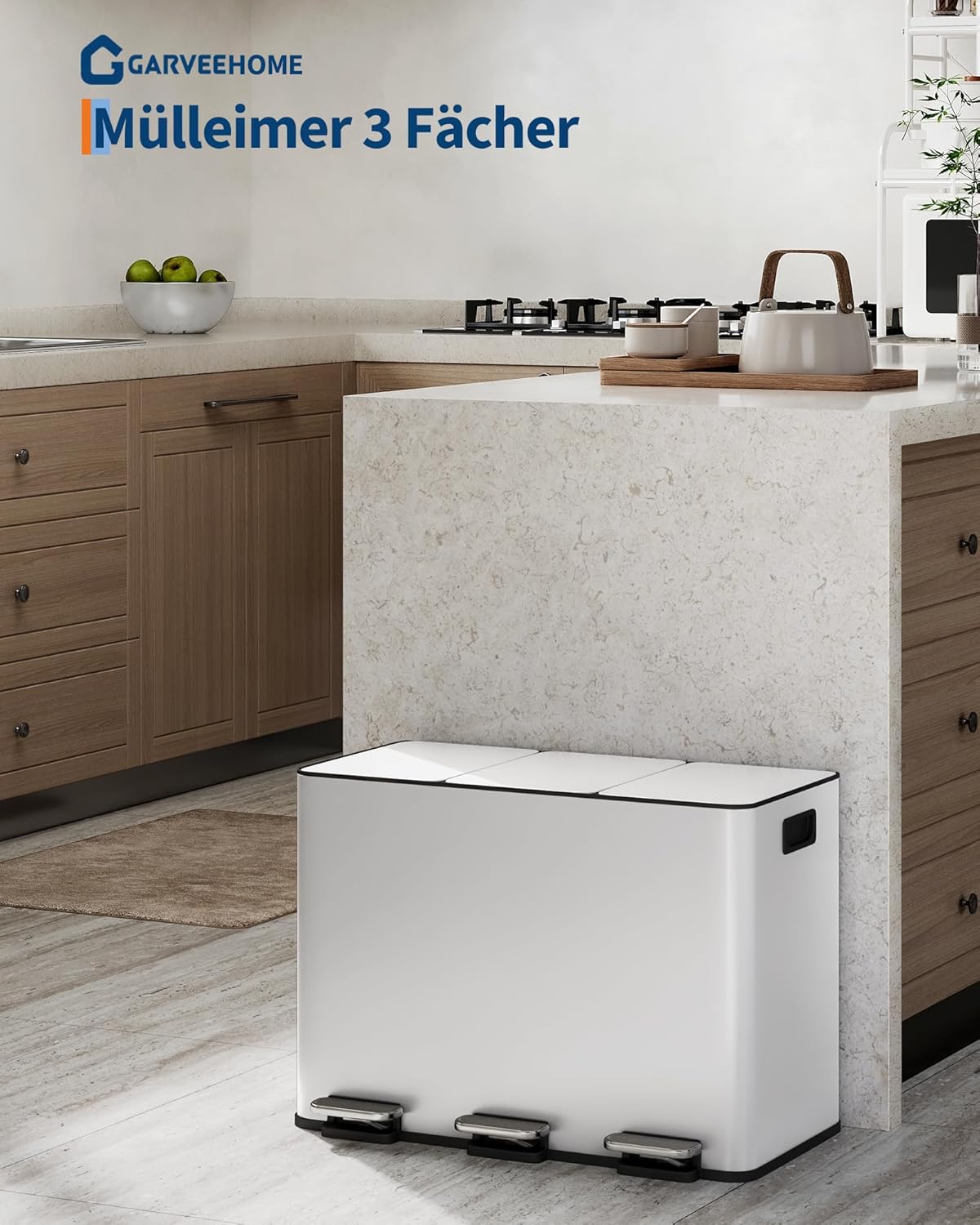 Mülltrennsystem mit 3 Fächern, Weiss 45L