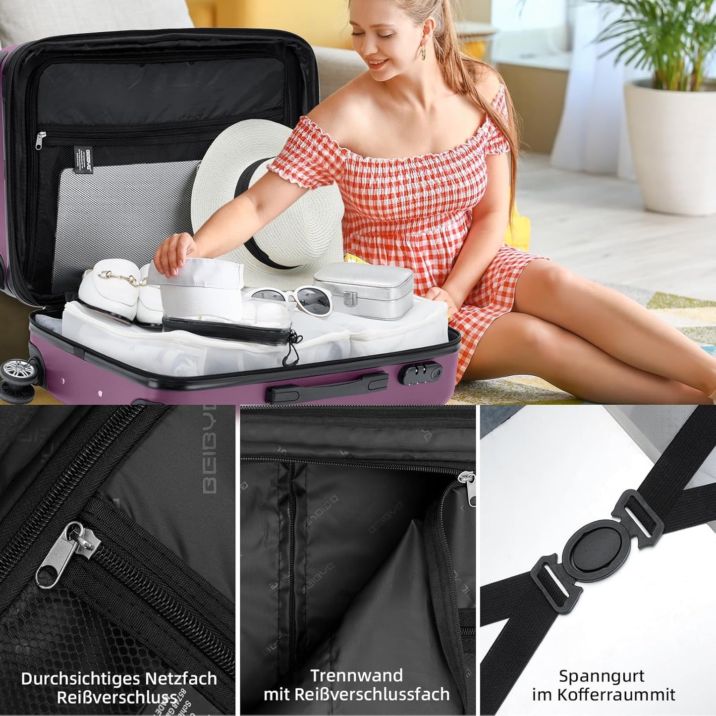 Hartschalen-Koffer-Set mit Zwillingsrollen (3-teilig), Violett M+L+XL (Set)