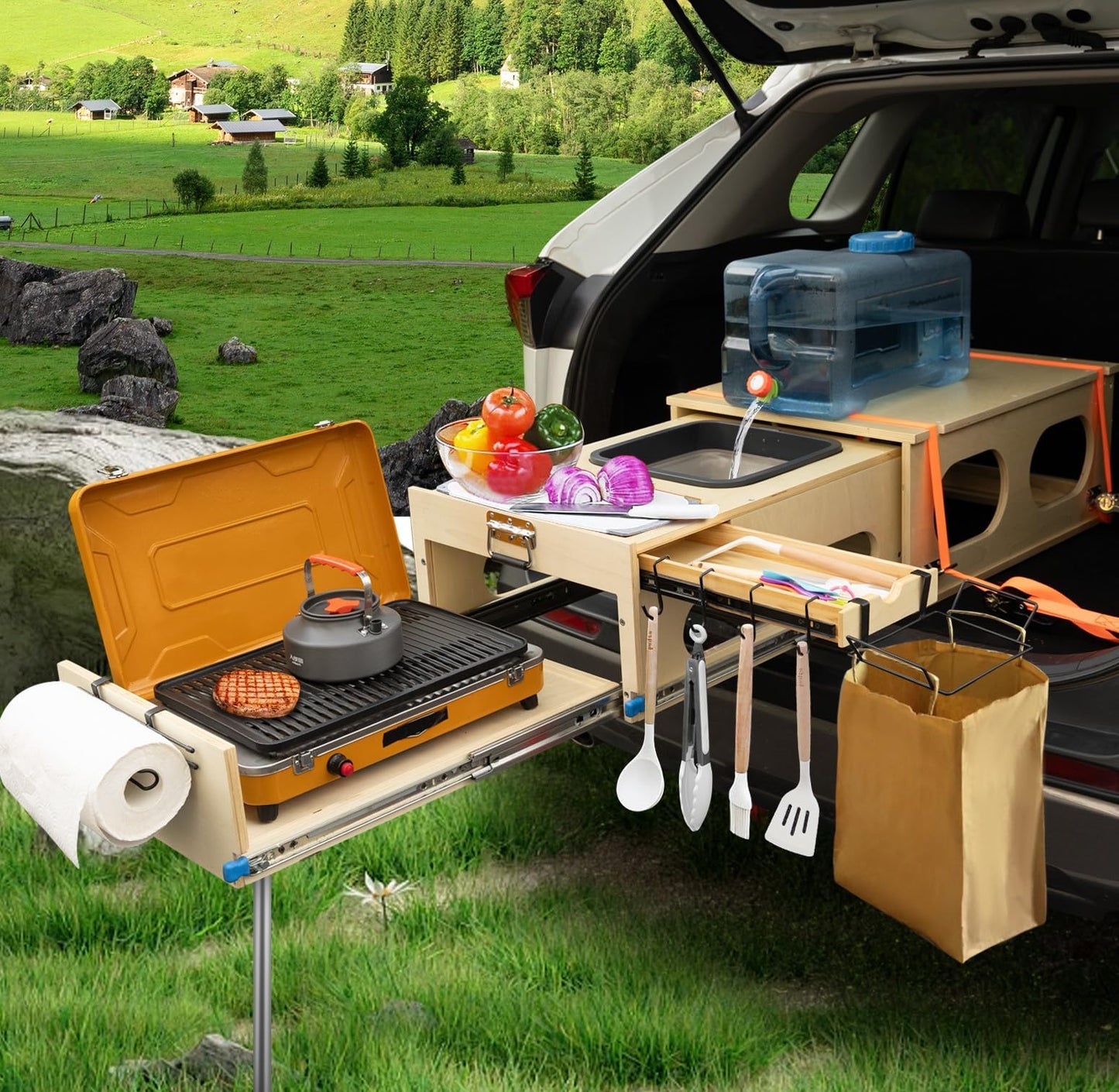 Klappbare Campingküche mit Spüle und Stauraum, linke Seite (Fahrerseite)