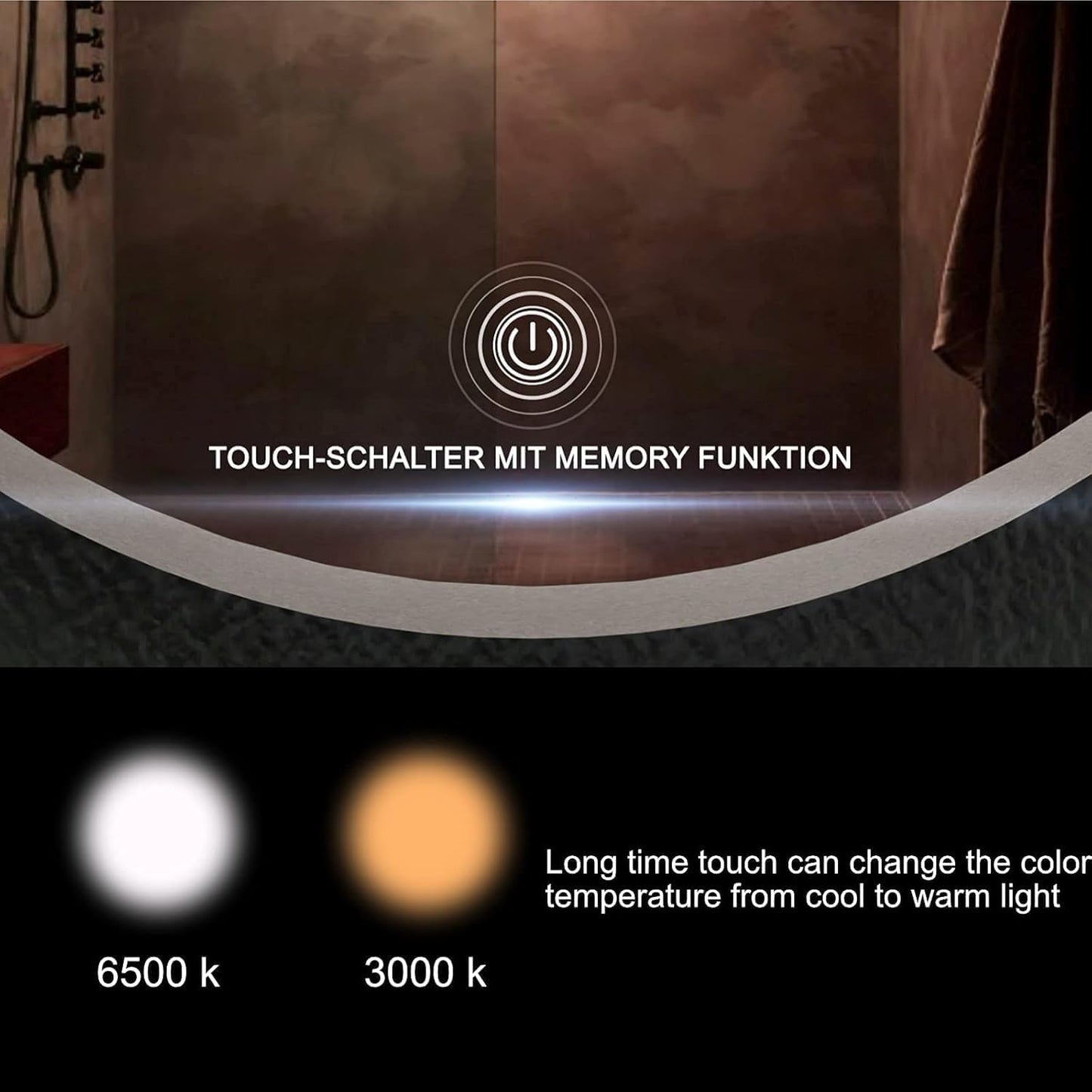 Runder LED-Badspiegel mit Antibeschlag und Touch-Schalter, Rund A