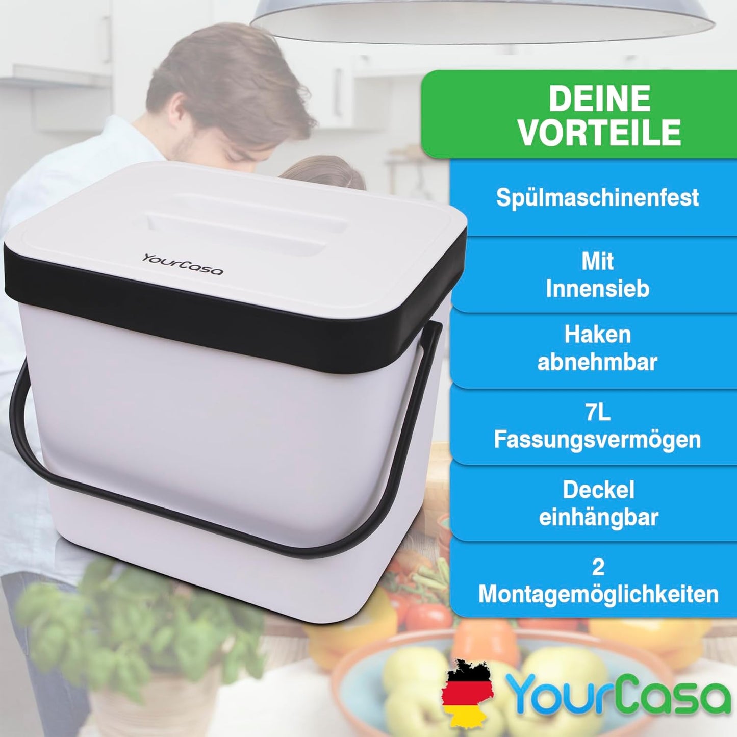 Komposteimer zum Einhängen mit Sieb, Weiss