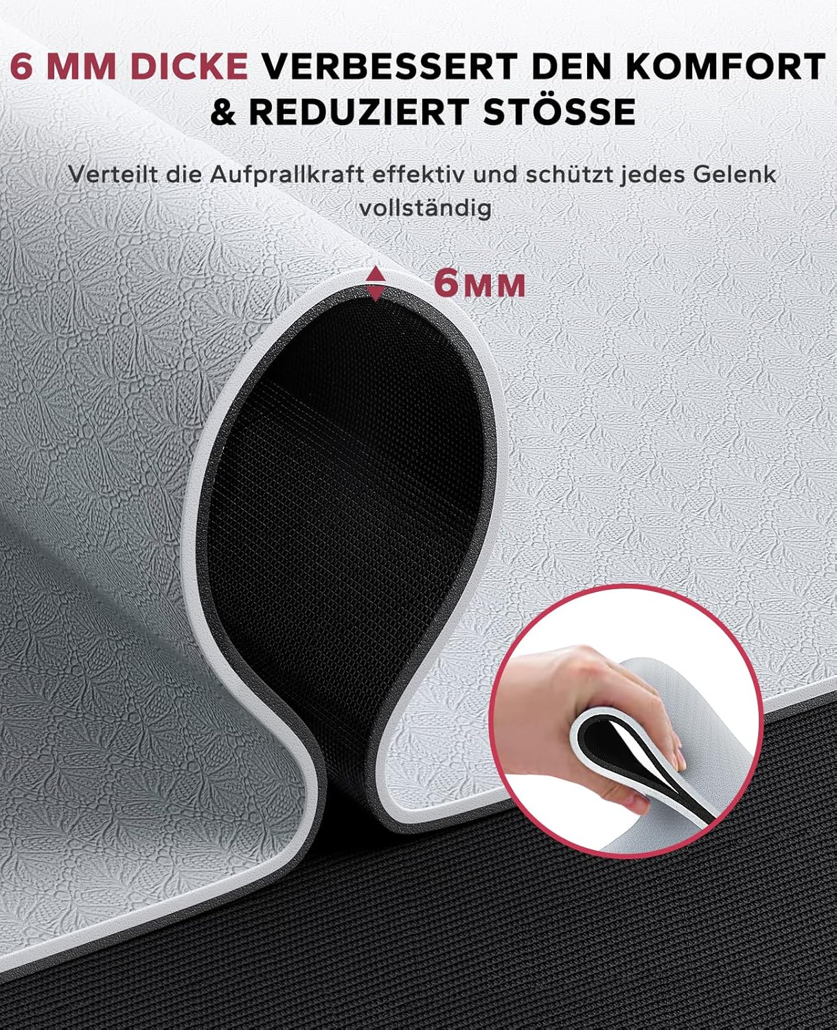 Extra grosse Yogamatte mit Zubehör (183x91x0,6 cm), U-PVC-Grau/Schwarz-183cmx91cmx6mm