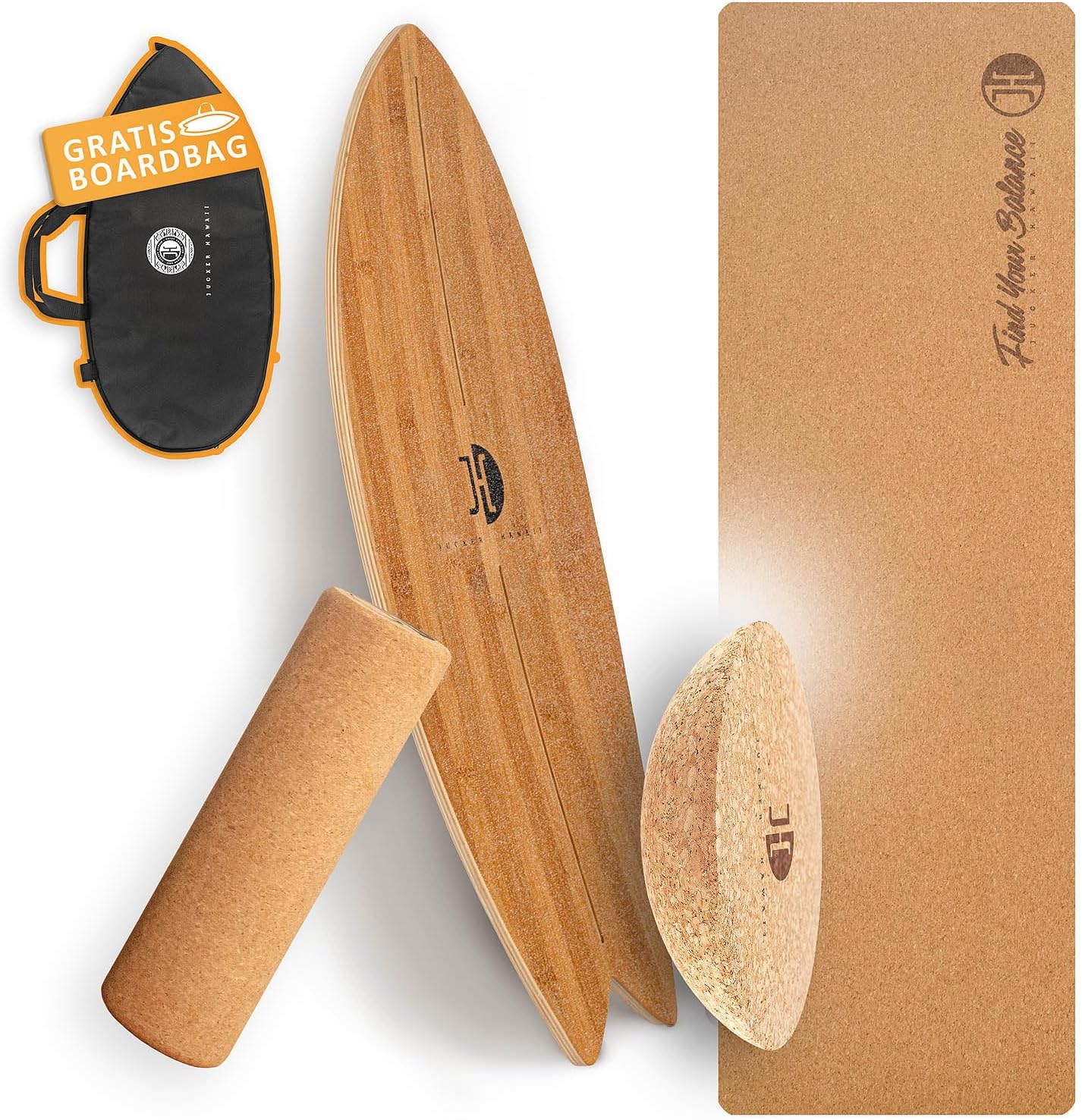 Balance Board mit Rolle und Korkhalbkugel, Bambus + Rolle + Korkhalbkugel + Matte