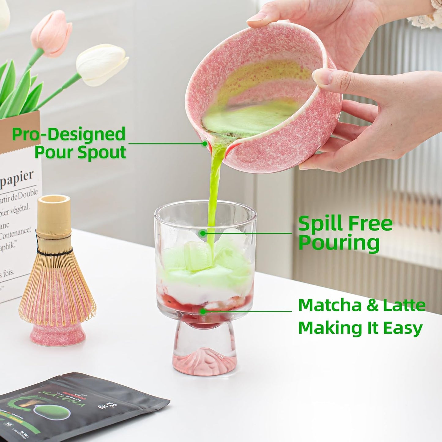 7-teiliges Matcha-Set, 7Stück/Set, Schüssel mit Ausgießer Pink