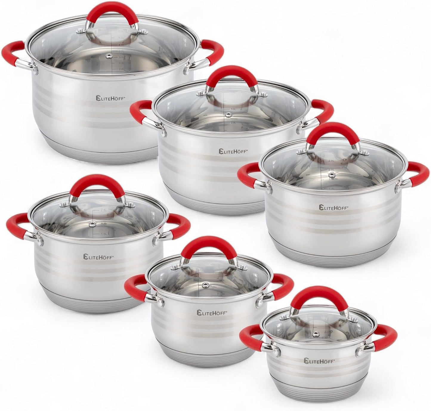 Topfset Induktion 12-teilig mit Glasdeckeln, E-4028