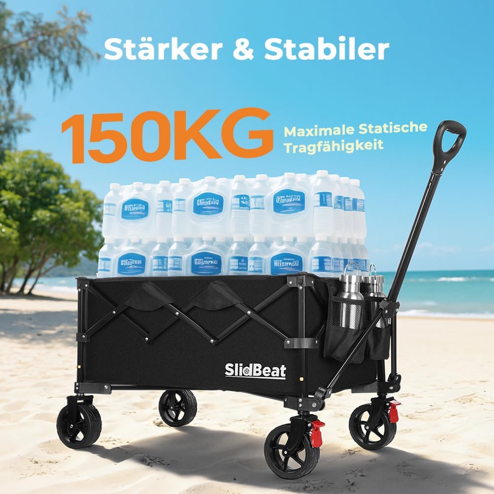 Faltbarer Bollerwagen mit Bremsen und All Terrain Rädern, Schwarz XL