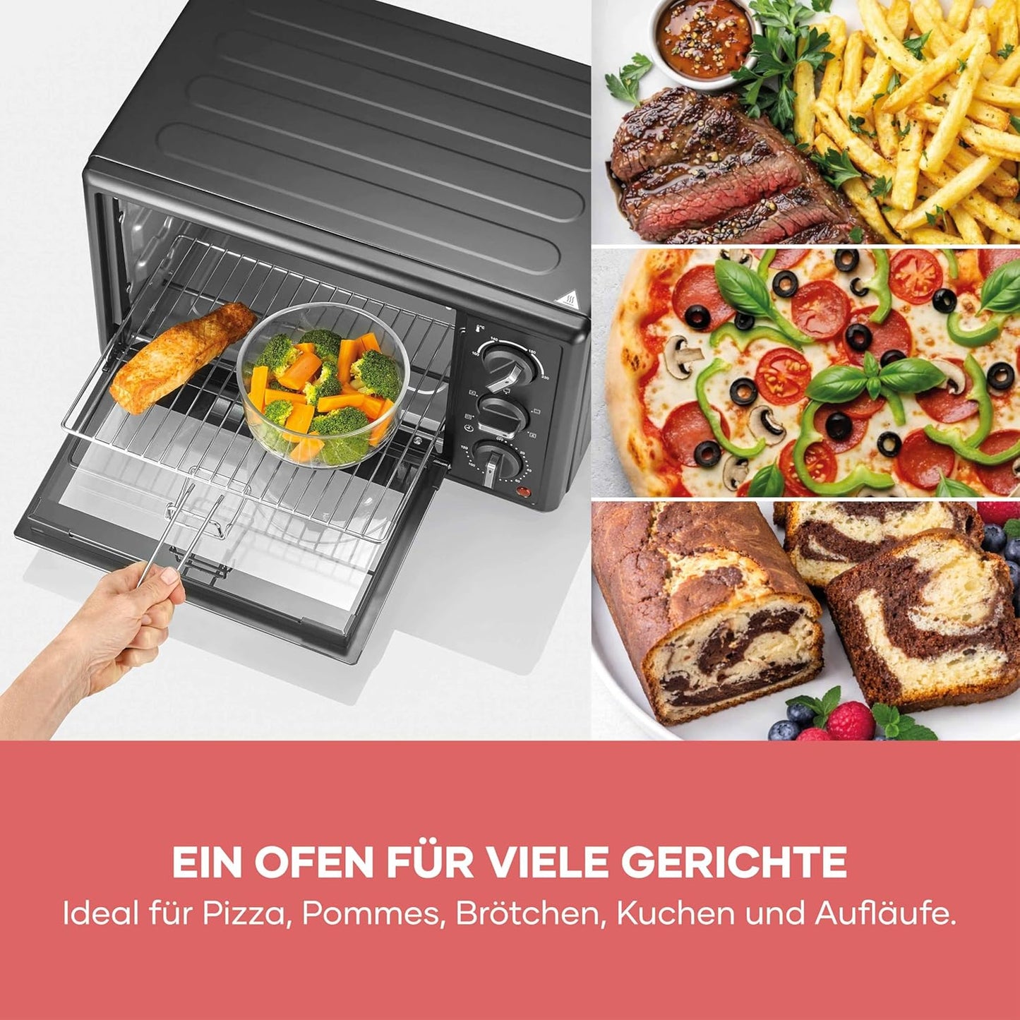 Back- und Toastofen mit Umluftfunktion, 20L, inkl. Pizzastein, NEU 2026: 20L, inkl. Drehspiess & Pizzastein