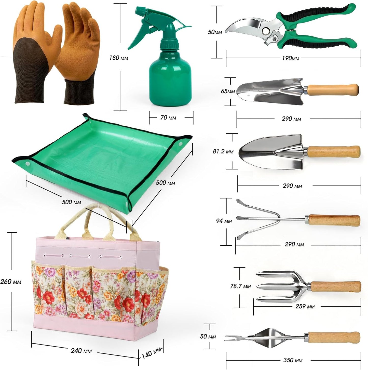 11-teiliges Gartenwerkzeug-Set mit Zubehör, Rosa