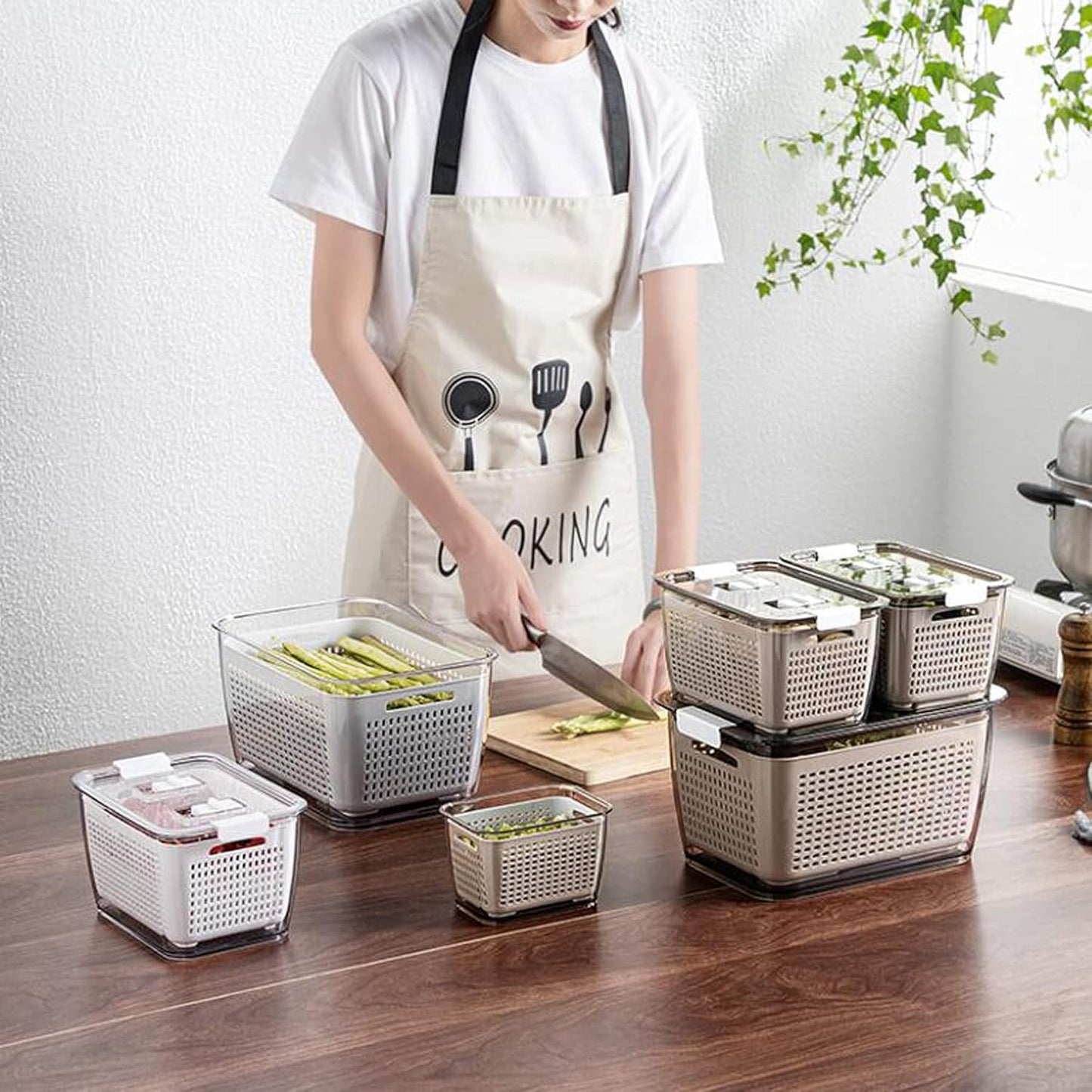 Frischhaltedosen Kühlschrank-Organizer Set, Weiß,3er Set,0.5L+1.7L+4.5L
