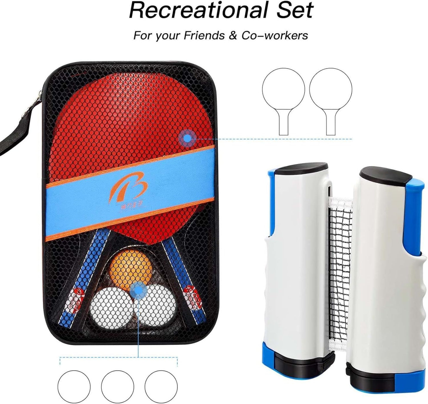 Tischtennisschläger-Set mit Netz, 2 Schläger + 1 Tischtennisnetz