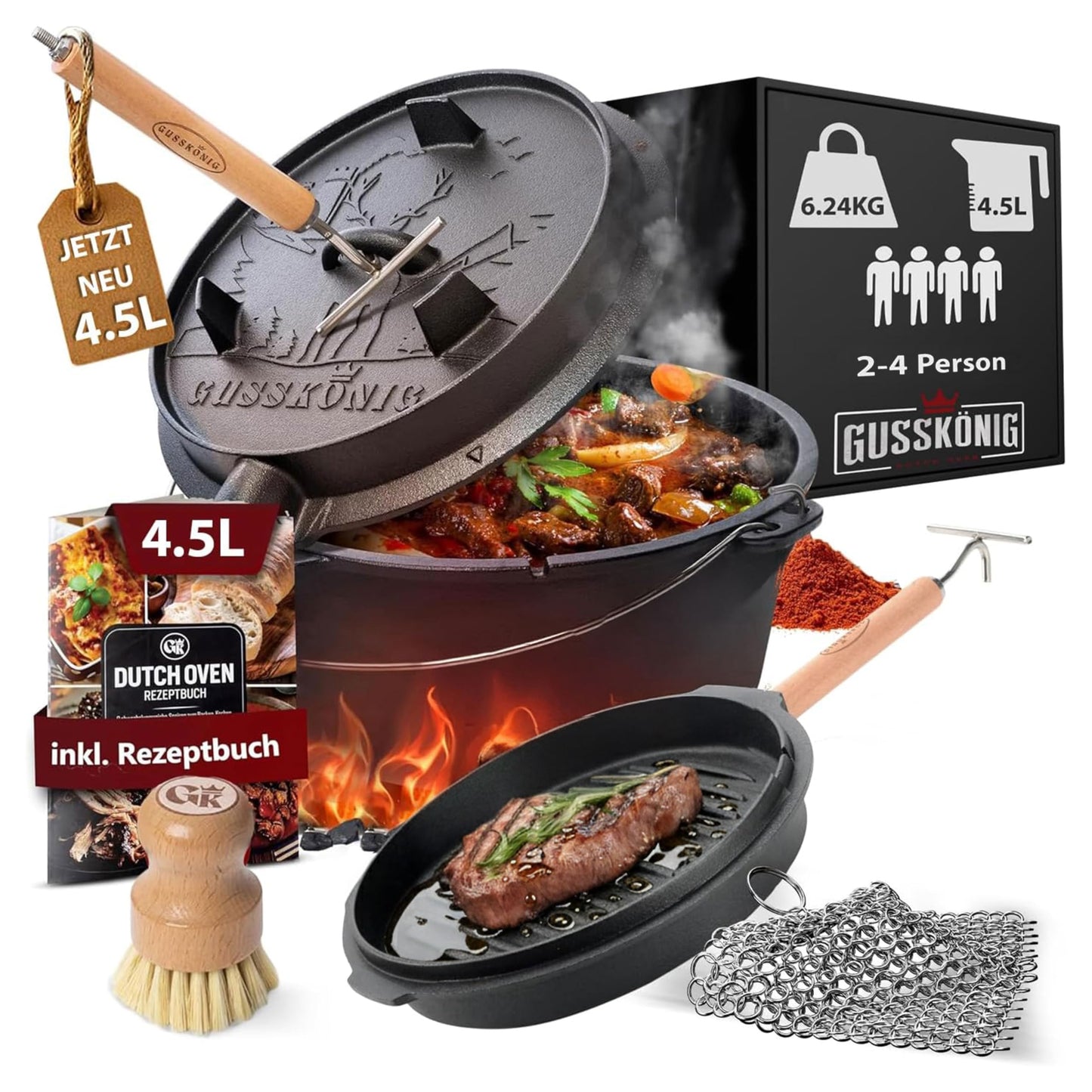 Dutch Oven Set mit Zubehör, Schwarz mit Füsse + Ringreiniger 4,5 Liter