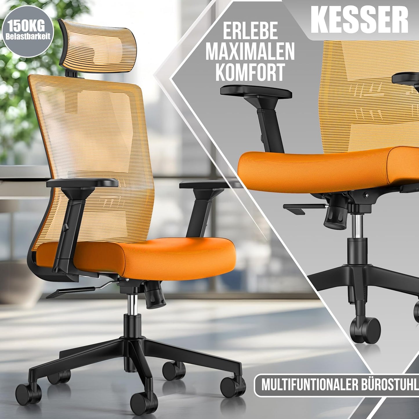 Ergonomischer Bürostuhl mit Wippfunktion und Lendenstütze, Orange / Schwarz