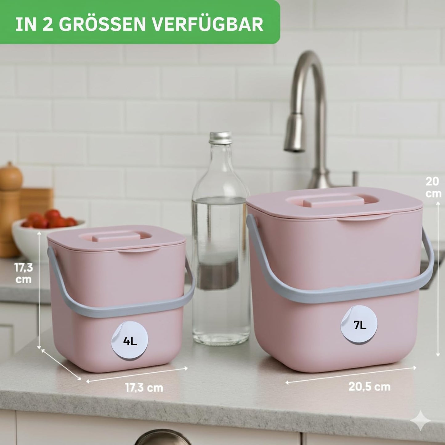 Biomülleimer mit Sieb und Deckel, 7 Liter Rosa