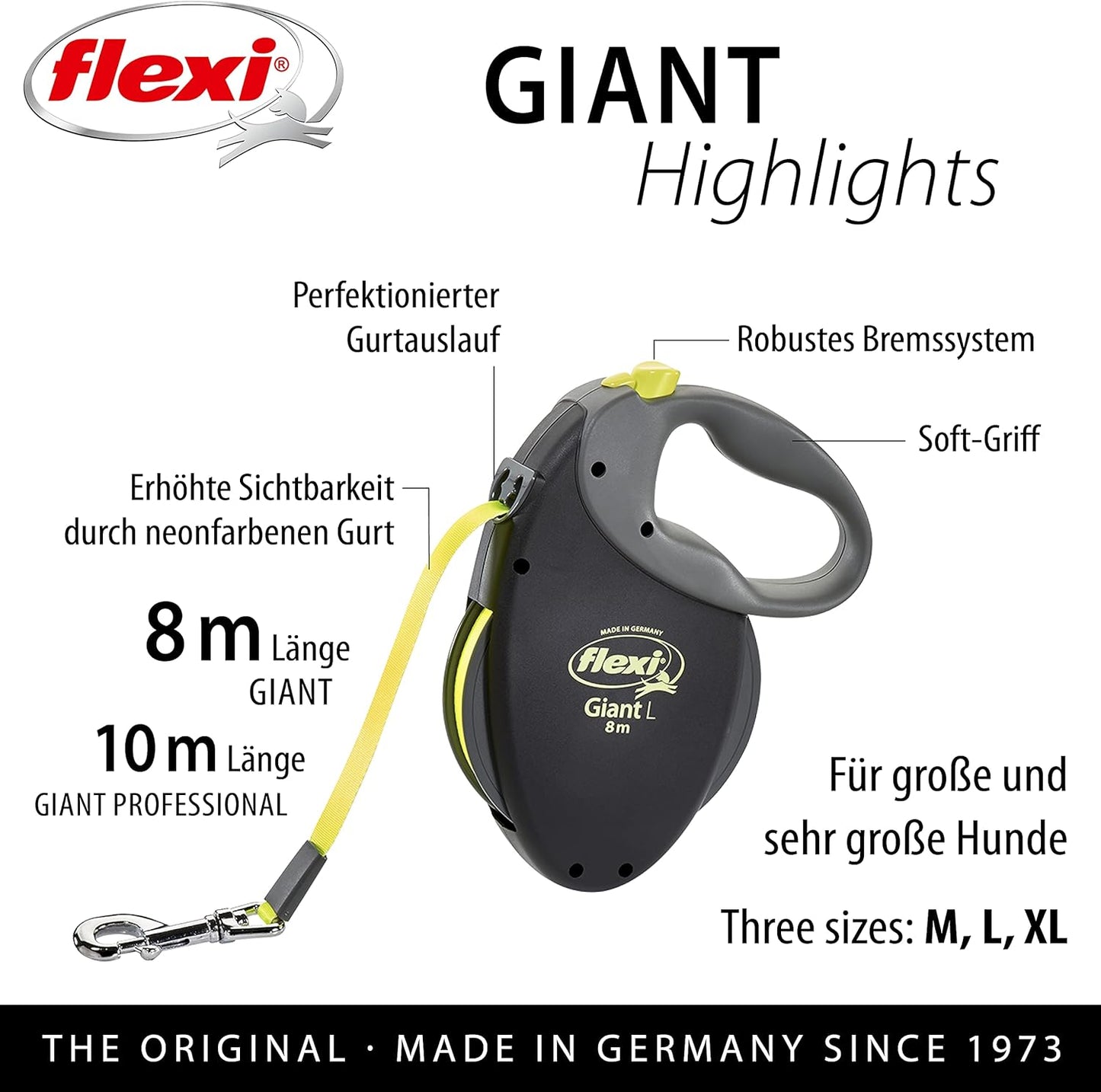 Roll-Leine für grosse Hunde, 10 m (bis 50 kg), schwarz/neongelb L 10 m Vereint